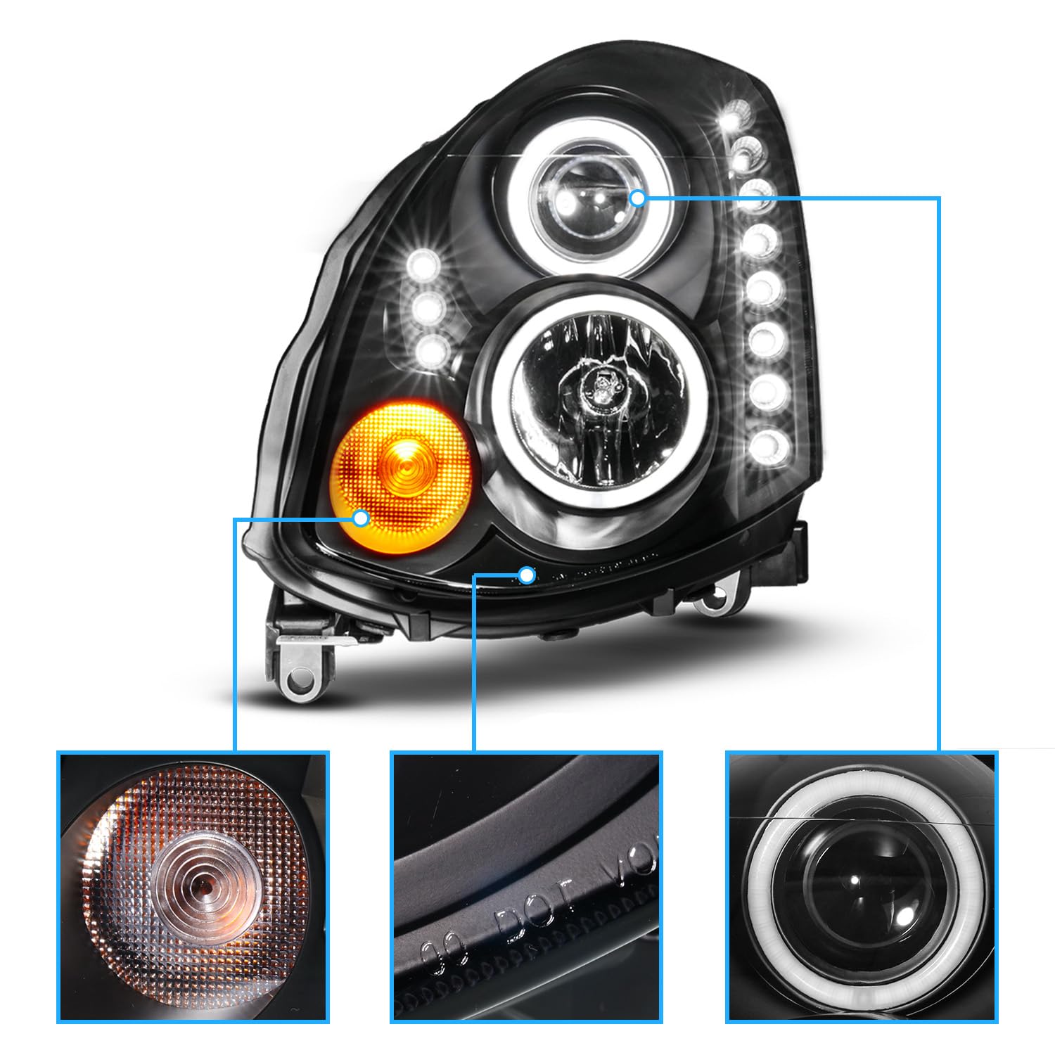 Amerilite Hid Type Dual Xtreme Halogen, Led, Halos Projector Replacement Headlights Pair For 2003-2007 Infiniti G35 Coupe - Passenger And Driver Side, Vehicle Light Assembly, Black