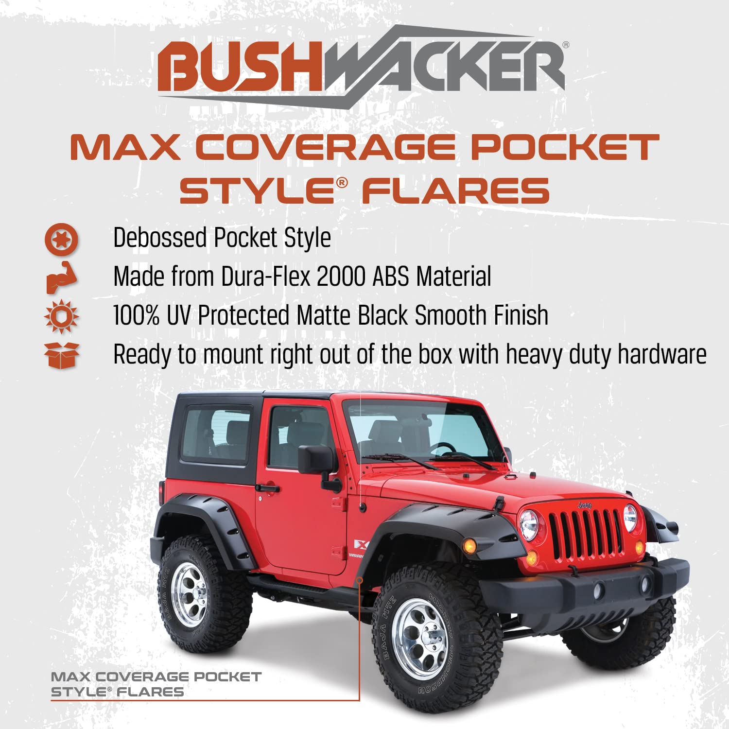 Bushwacker Max Coverage Pocket/Rivet Style Rear Fender Flares | 2-Piece Set, Black, Textured Finish | 10046-02 | Fits 2007-2018 Jeep Wrangler Jk Unlimited