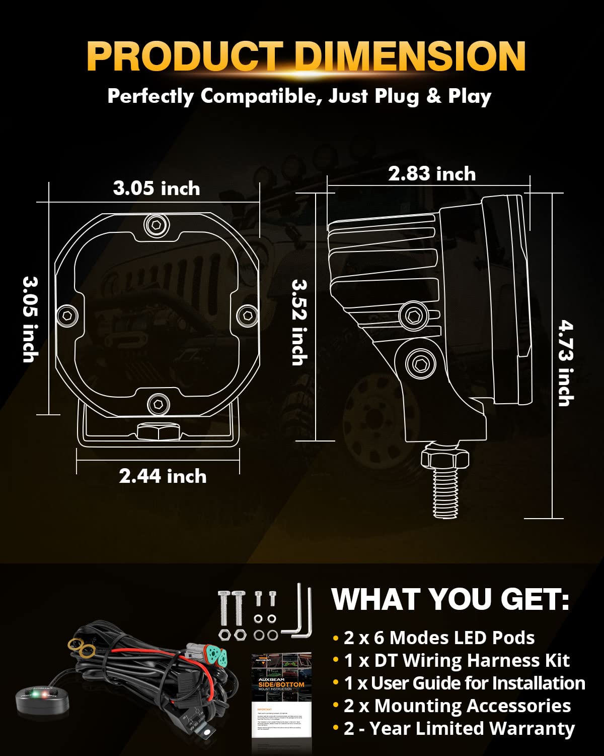 Auxbeam 6 Modes Amber White Led Pods Xp-Ultra Series 3Inch 96W Dual Color Strobe Lights Spot Flood Combo Amber Fog Lights Offroa