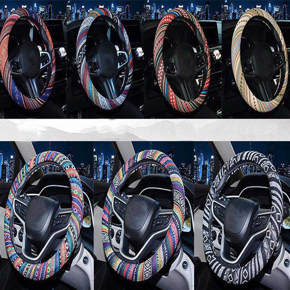 Shiawasena Car Steering Wheel Cover, Coarse Flax Cloth, Ethnic Style, Universal 15 Inch Fit, Anti-Slip Sweat-Absorbent (F#)