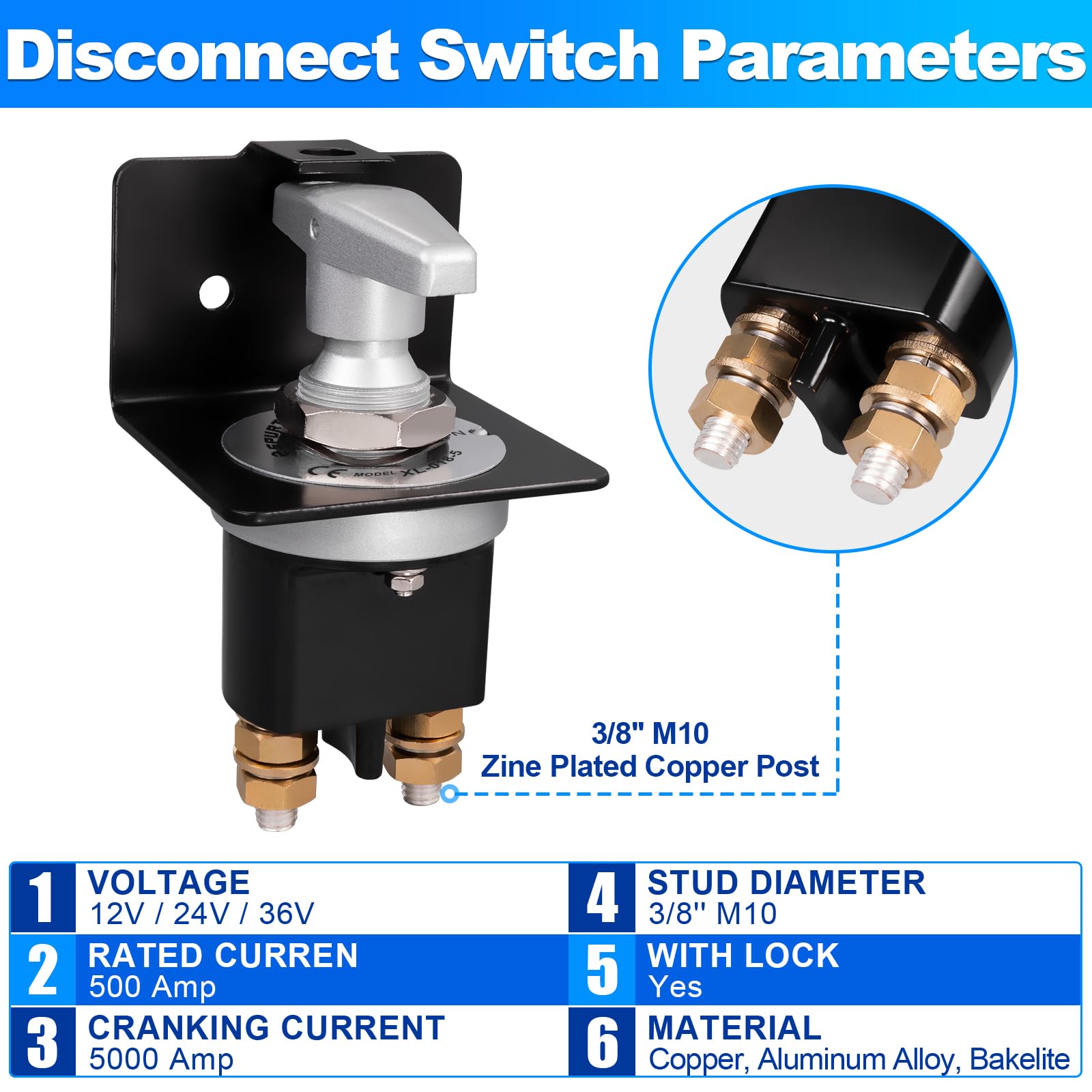 Spurtar Battery Disconnect Switch 12V 24V 36V With Lock-Out Plate 500A High Current Battery Kill Switch Power Cut Off Shut Off I
