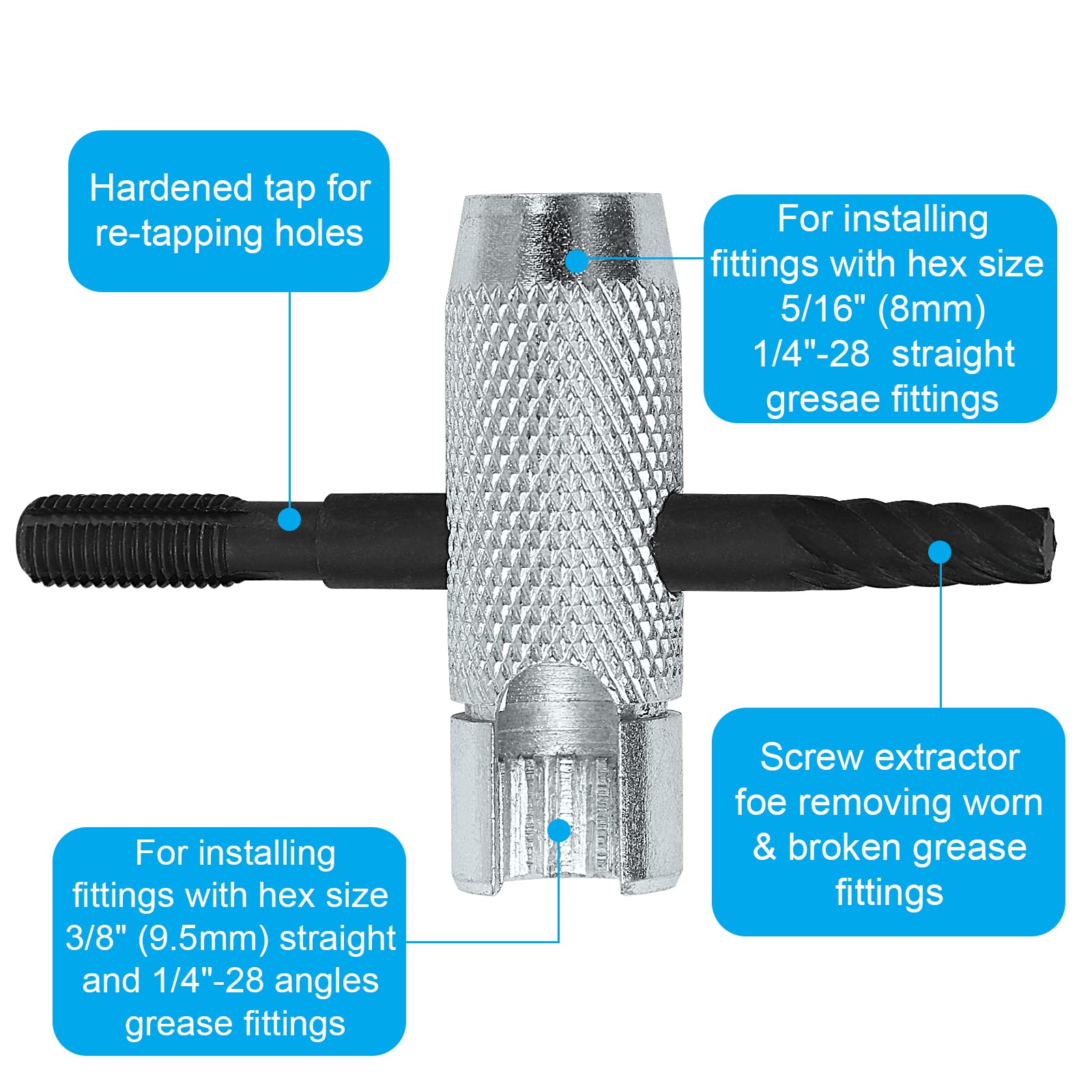 NOVINO Grease Zerk Tool,4 Way Zerk Grease Fittings Removal Tool Fit 1/4''-28 SAE,1/8''-NPT,M10x1 M8x1 and Hex Size 3/8'' 5/16''