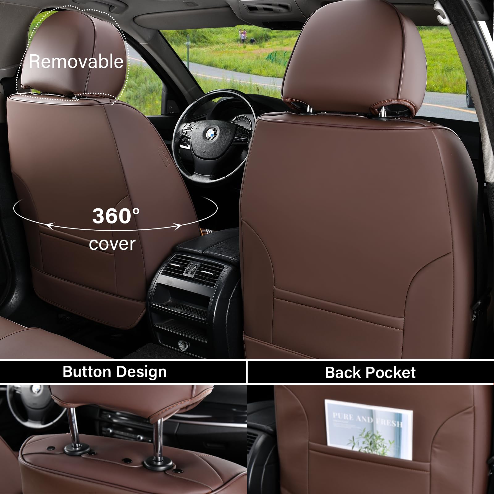 Coverado Car Seat Cover Front Seats, Brown Seat Covers Front Seats, Nappa Leather Waterproof, Car Seat Cushion, Car Seat Protect