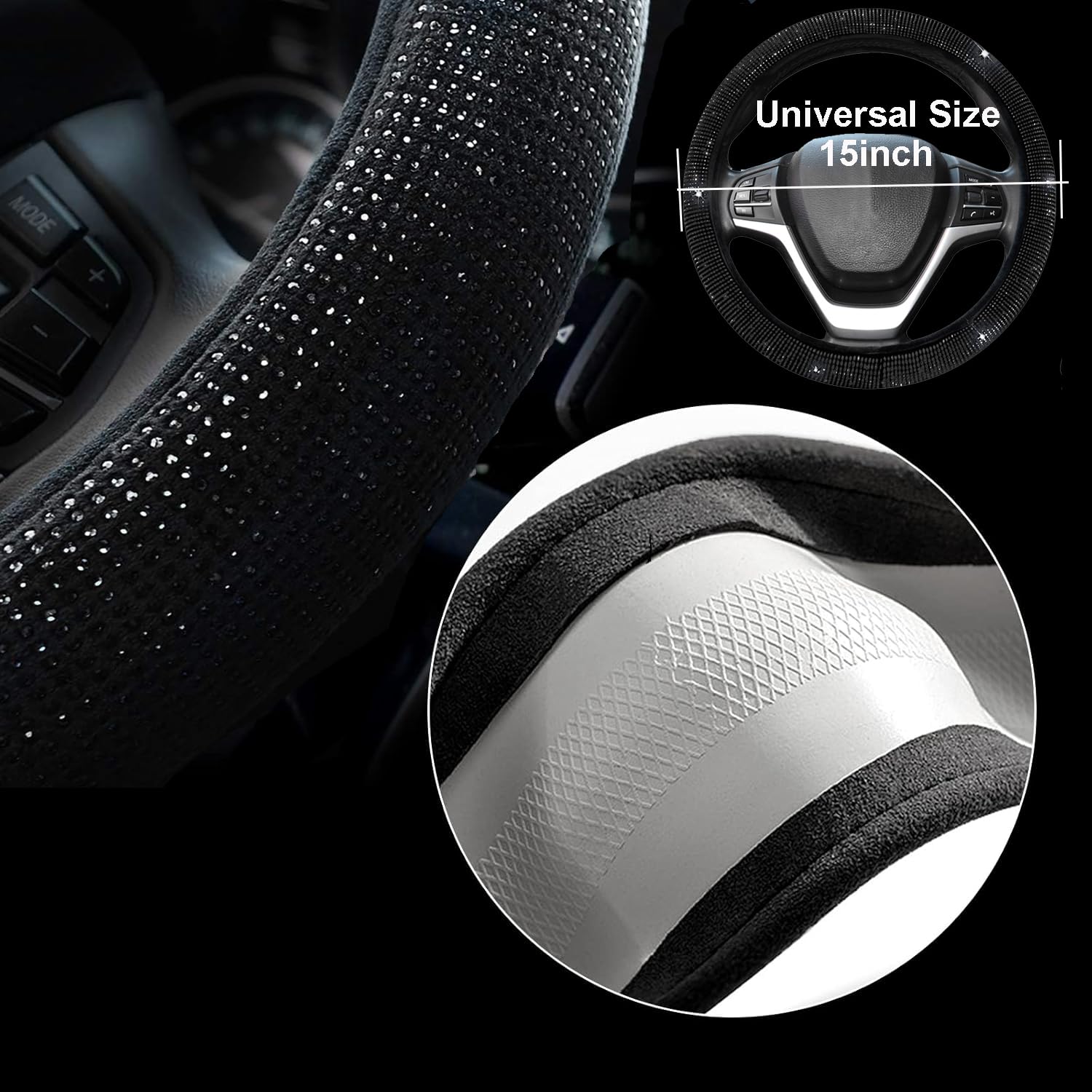 Valleycomfy Bling Steering Wheel Cover, Waterproof Diamond Floor Mats Sparkling 9-Pack Rhinestone Car Accessories For Women (Bla