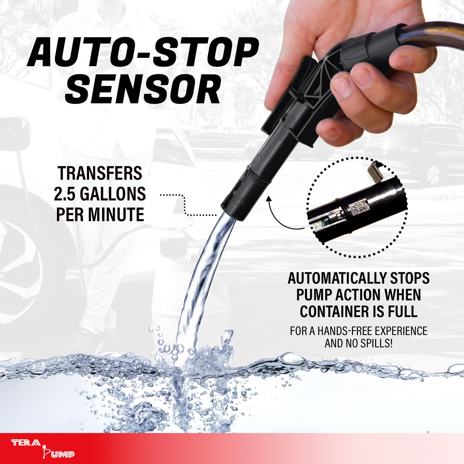 TERA PUMP Next Generation Rain-Resistant Gas Fuel Pump - 4.25-ft Long Vinyl Hose, Battery-Powered Electric Siphon Pump with Auto