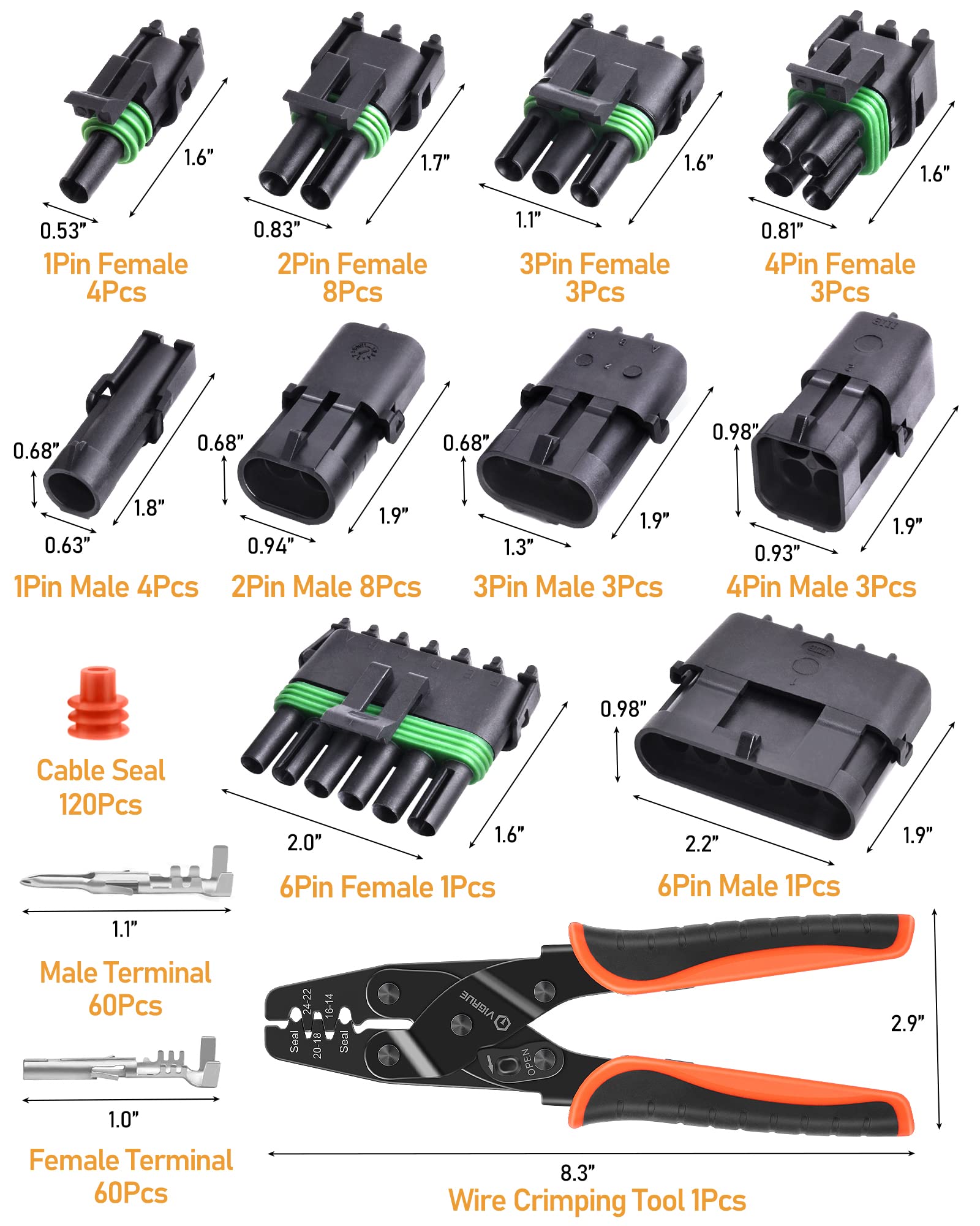Vigrue 280Pcs 18-14Awg Waterproof Automotive Connectors With Ratcheting Wire Crimping Tool, 19 Sets Weathepack Connectors 1/2/3/