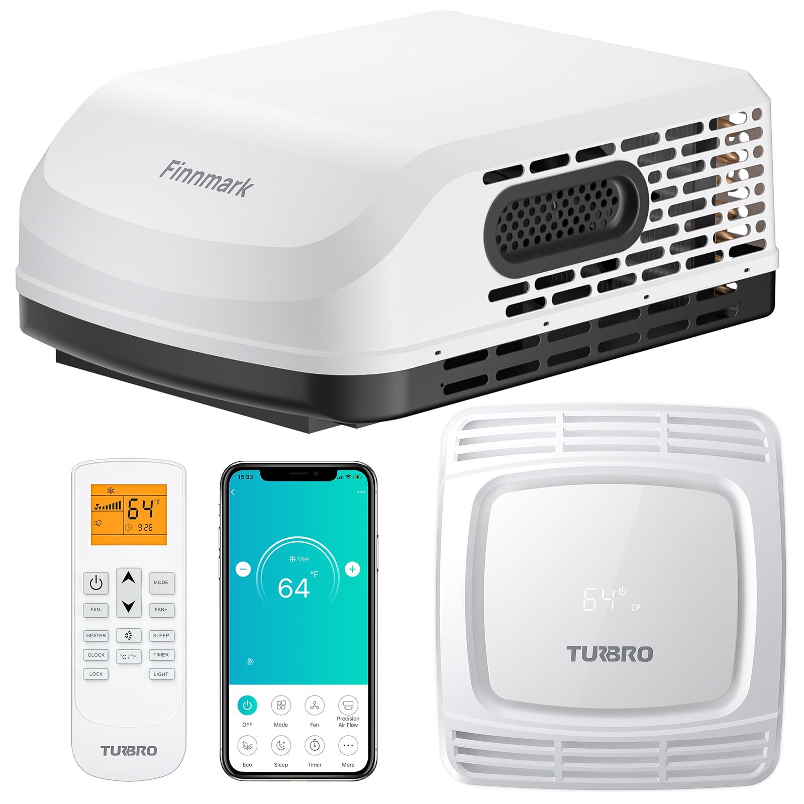 TURBRO RV Air Conditioner, 15,000 BTU Cooling with 1,500W Electric Heating, Non-ducted Rooftop Unit with Lift Handles, Ceiling A