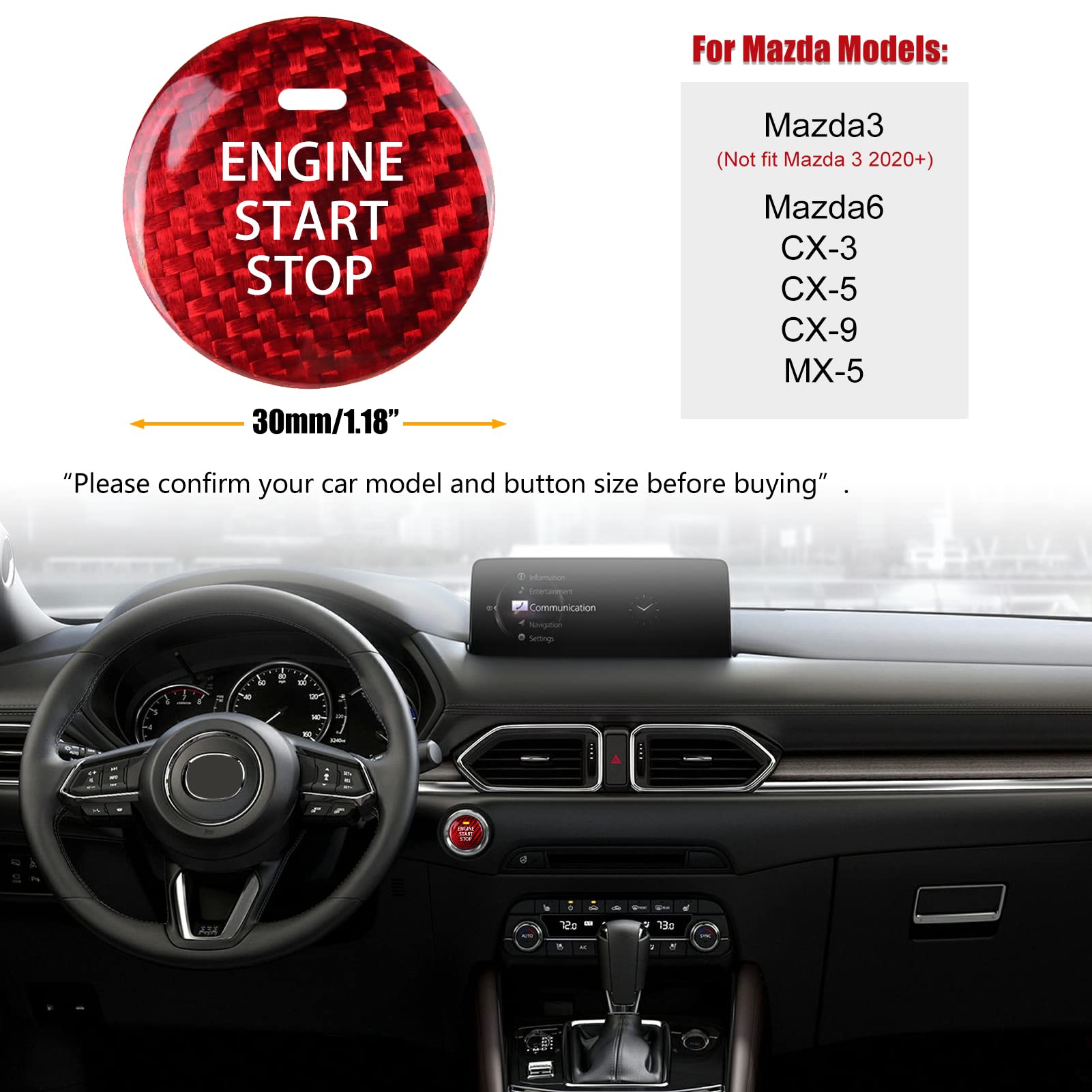 Anfokas Compatible With Mazda 3 6 Cx-3 Cx-5 Cx-9 Mx-5 Miata Accessories Real Carbon Fiber Sporty Car Keyless Engine Start Stop P