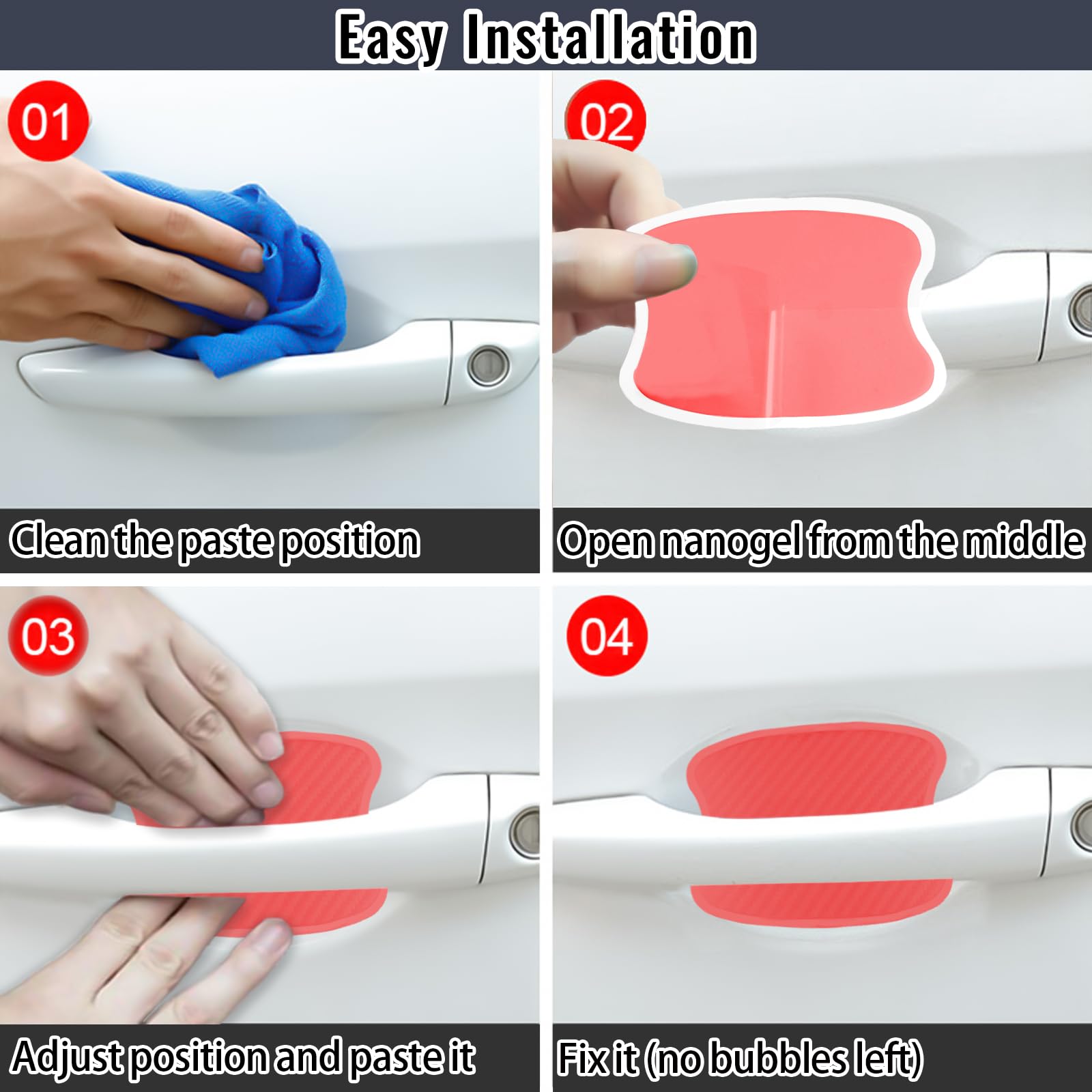 Worcas 4Pcs Universal 3D Carbon Fiber Car Door Handle Paint Scratch Protector Sticker Auto Door Handle Cups Protective Pad(S-Red