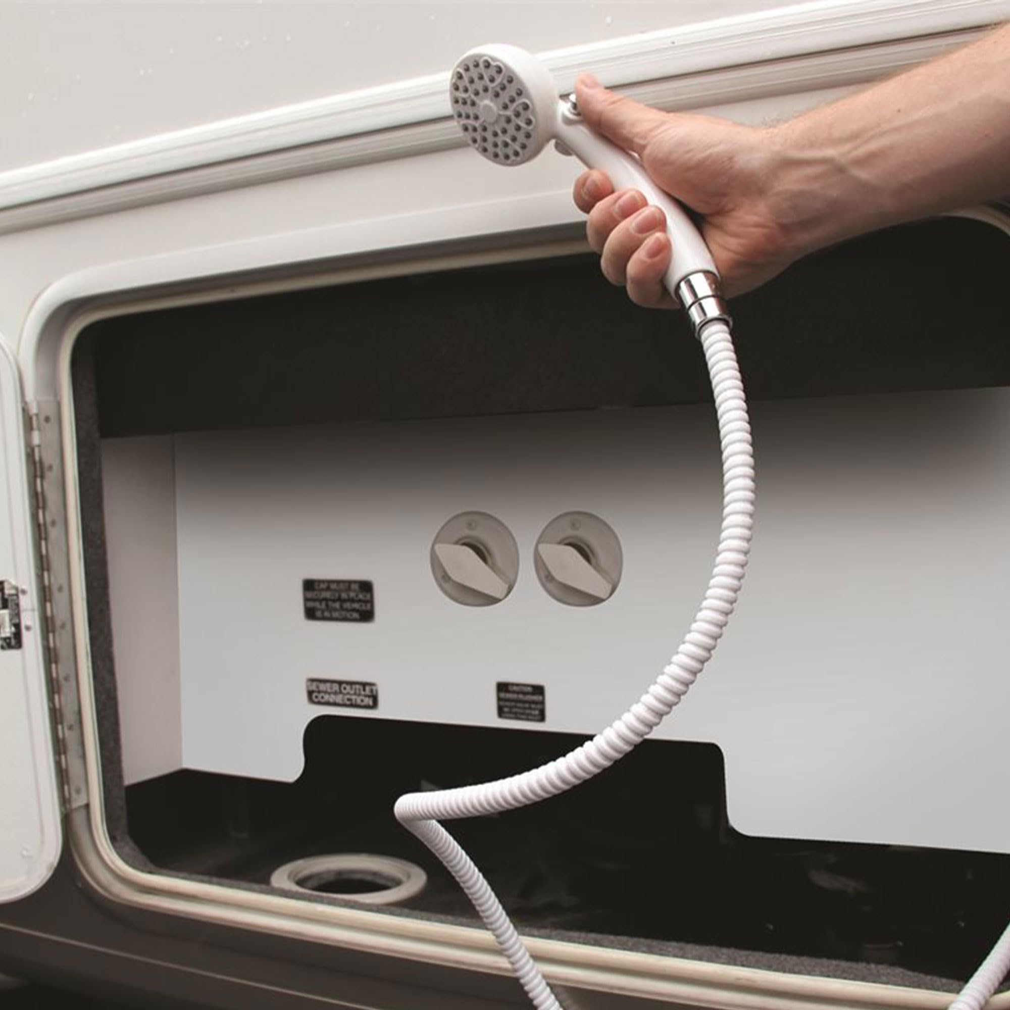 Camco 44023 Sleek Round High Flow Outdoor Shower Head Attachment With On And Off Switch And Rain Setting For Rvs And Boats, White