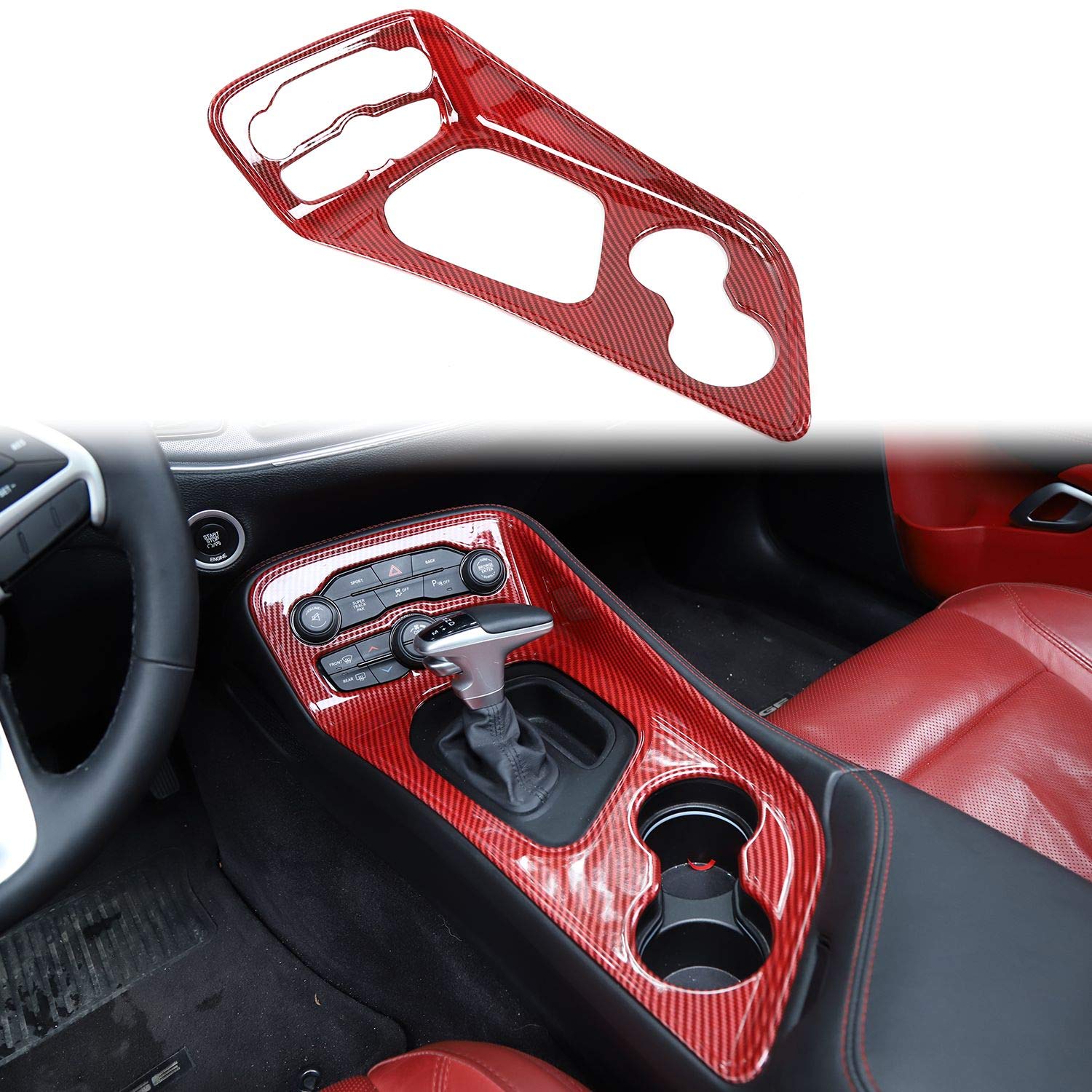 Voodonala For Challenger Gear Shift Panel Trim For 2015-2022 Dodge Challenger, Abs Red/Carbon Fiber