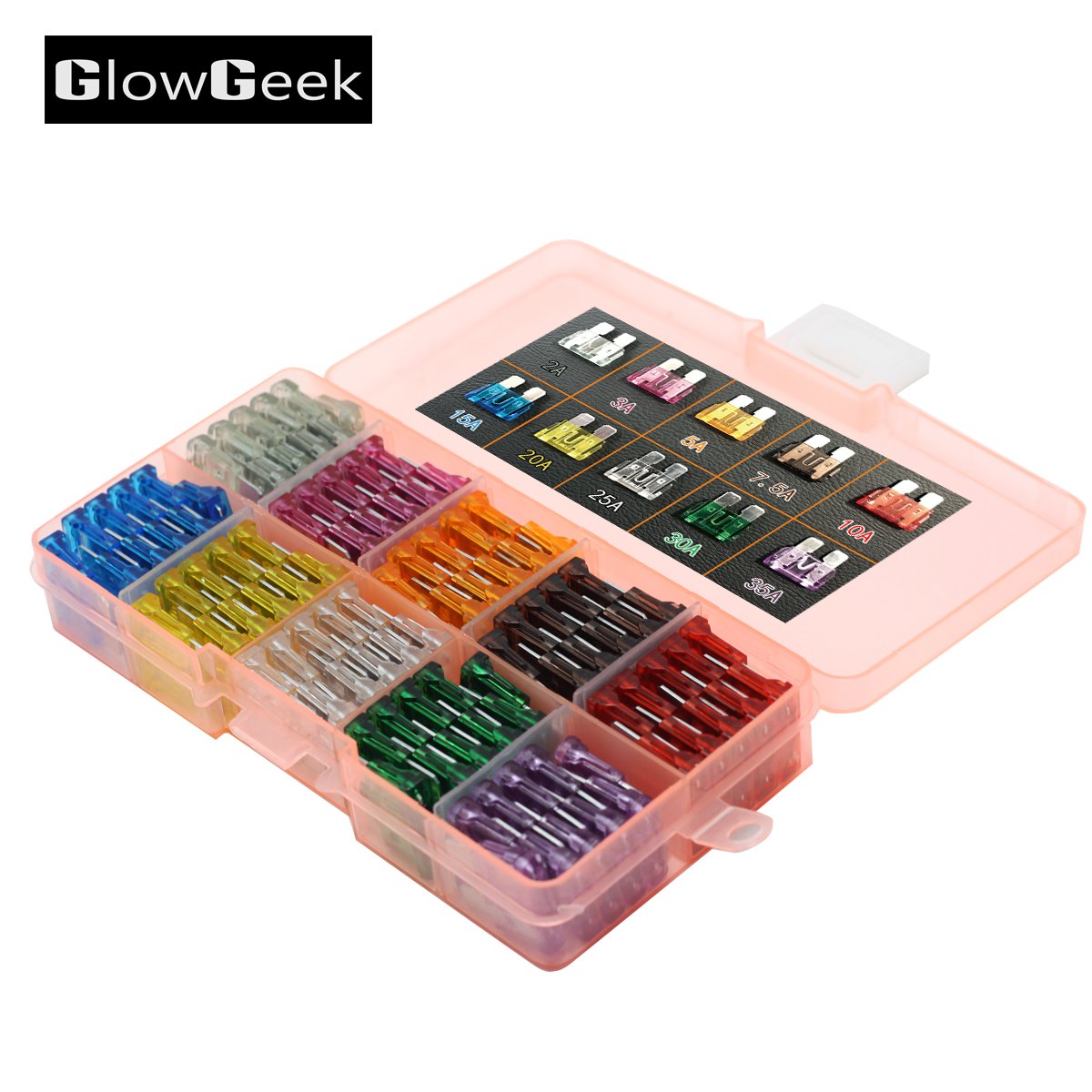 Glowgeek 100Pcs Assorted Auto Car Truck Standard Blade Fuse Assortment 2A 3A 5A 7.5 A 10A 15A 20A 25A 30A 35A Car Boat Truck Suv