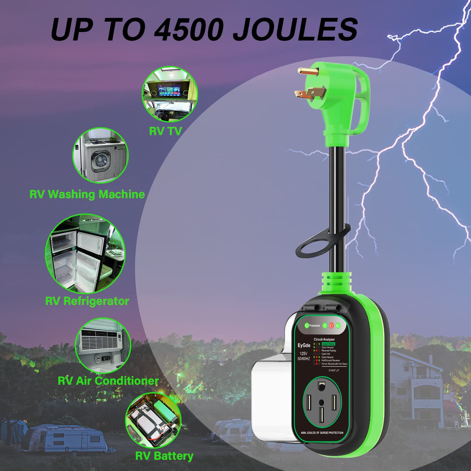 Eygde 30 Amp To 50 Amp Rv Adapter With Surge Protector, Patented 4500J 30 Amp Male To 50 Amp Rv Adapter Plug, Rv Circuit Analyze