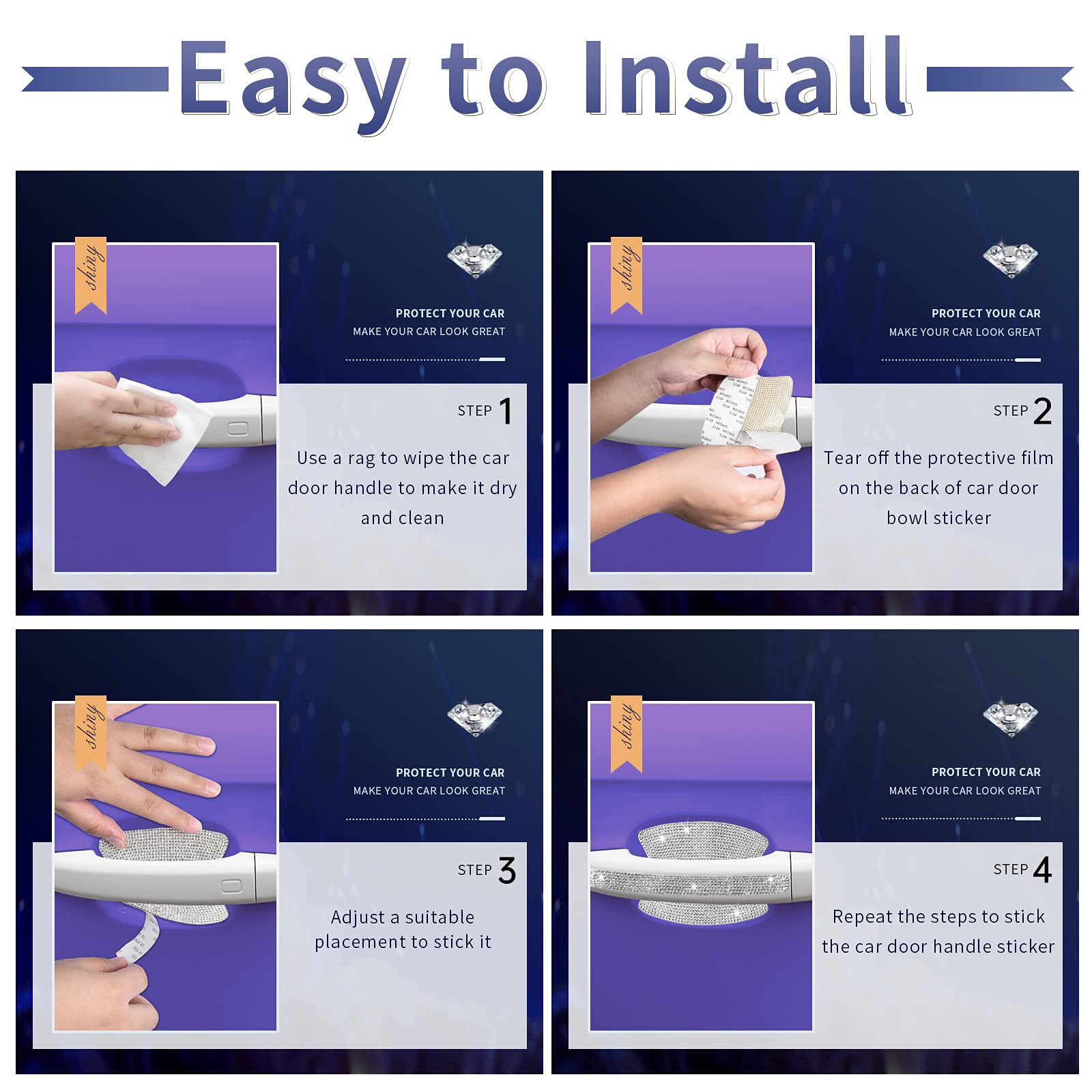 Rhinestone Car Door Handle Stickers - 8Pcs Bling Car Accessories Crystal Glitter Protector Decals Scratch Safety Reflective Auto Sticker For Woman & Man