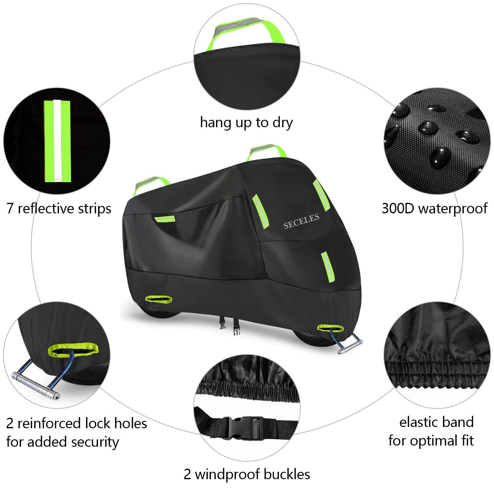 Seceles Motorcycle Covers Waterproof Outdoor Storage, 300D Oxford Heavy Duty Motorbike Cover, Motorcycle Rain Cover, Motorcycle