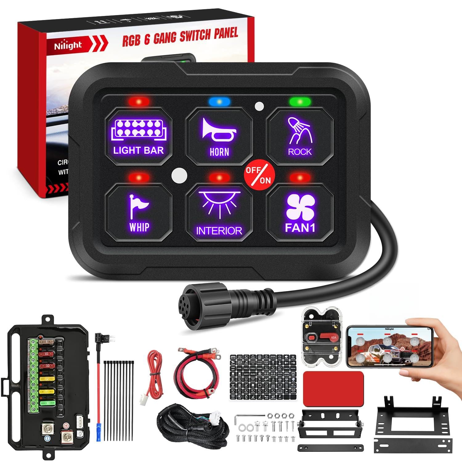 Nilight 6 Gang Switch Panel 12V 24V Universal Circuit Control Relay System With Rgb Backlight App Control Fuse Wiring Harness Au