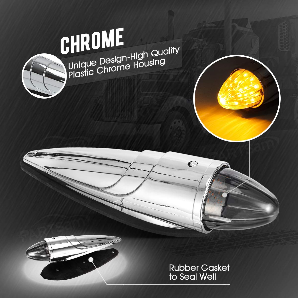 Partsam 5Pcs 21Led Smoke Torpedo Cab Marker Roof Running Top Lights Assembly Super Bright Chrome Heavy Duty Trucks Lights Replacement For International Kenworth/Peterbilt/Freightliner/Mack