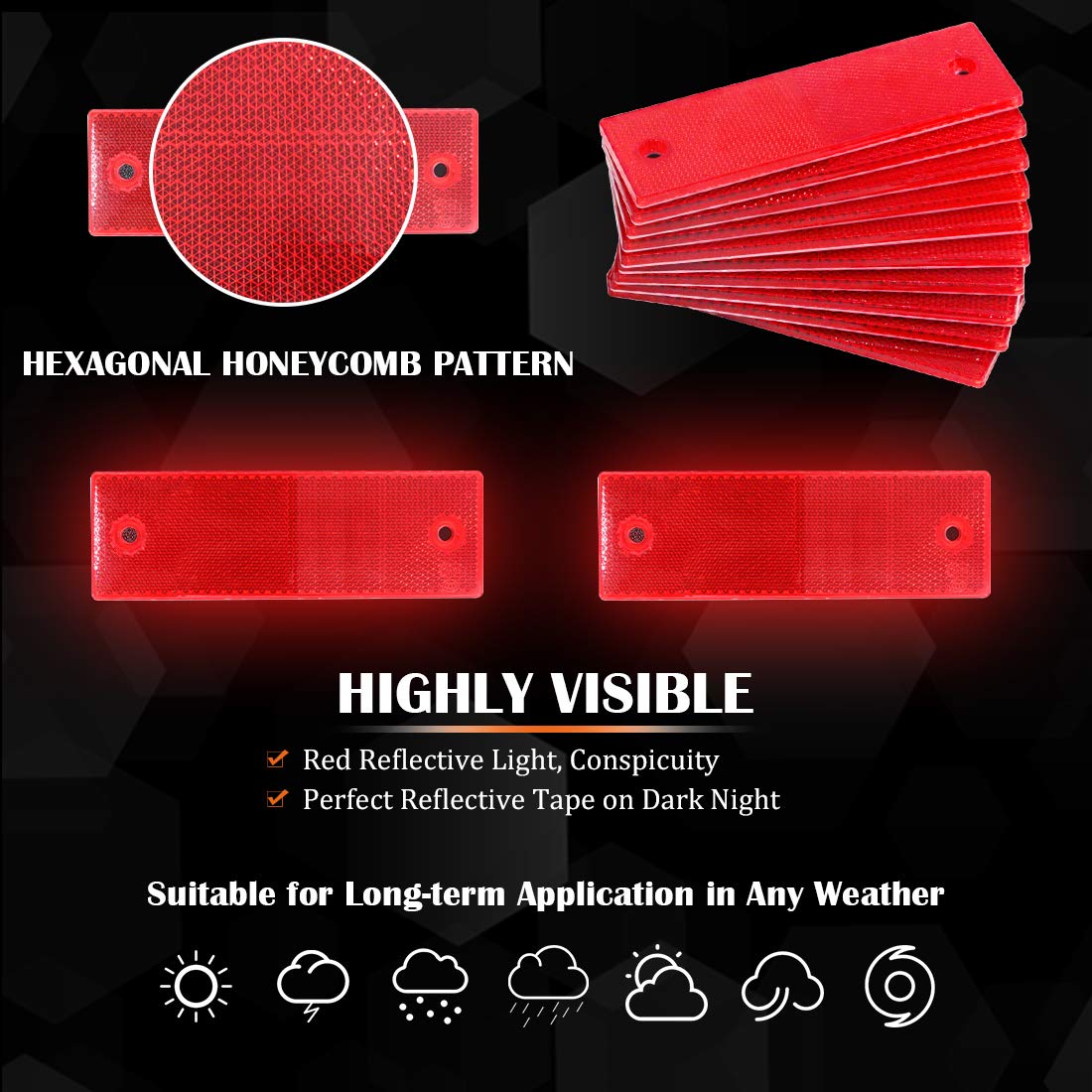 Rustark 20 Pcs Red Plastic Rectangular Stick-On Car Reflector Sticker Waterproof Reflector Tape Self-Adhesive Conspicuity Safety
