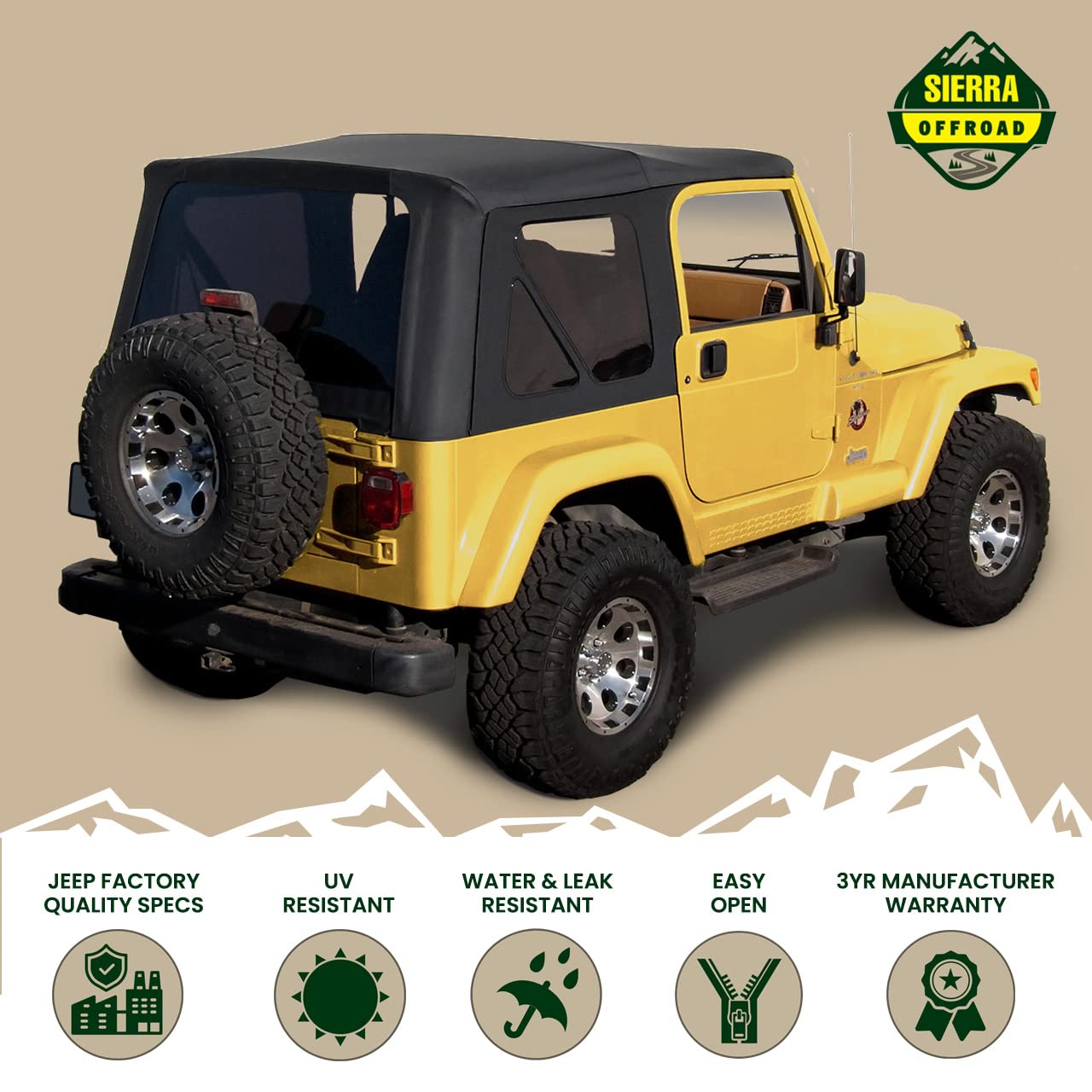 Sierra Offroad Soft Top For 1997 To 2006 Jeep Wrangler Tj - Black, Sailcloth Vinyl - 2 Door Jeep Soft Top With Rear Plastic Tint
