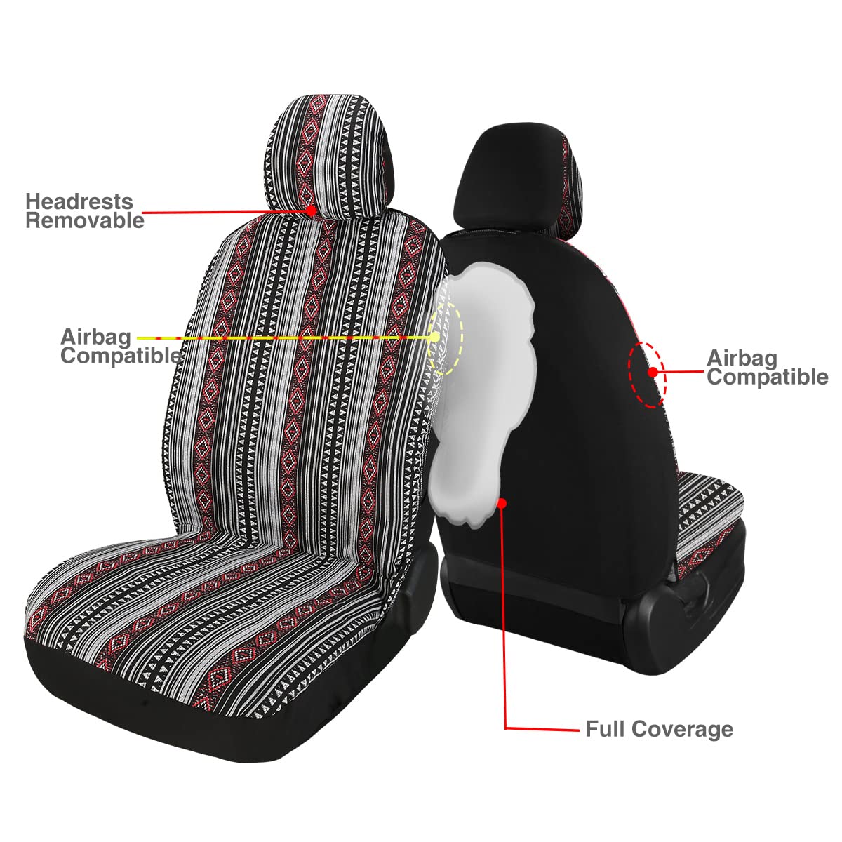 PONYJOYUP Baja Saddle Blanket Car Seat Covers 4PCS Front, Breathable Washable Striped Woven Automotive Vehicle Seat Cover, Unive