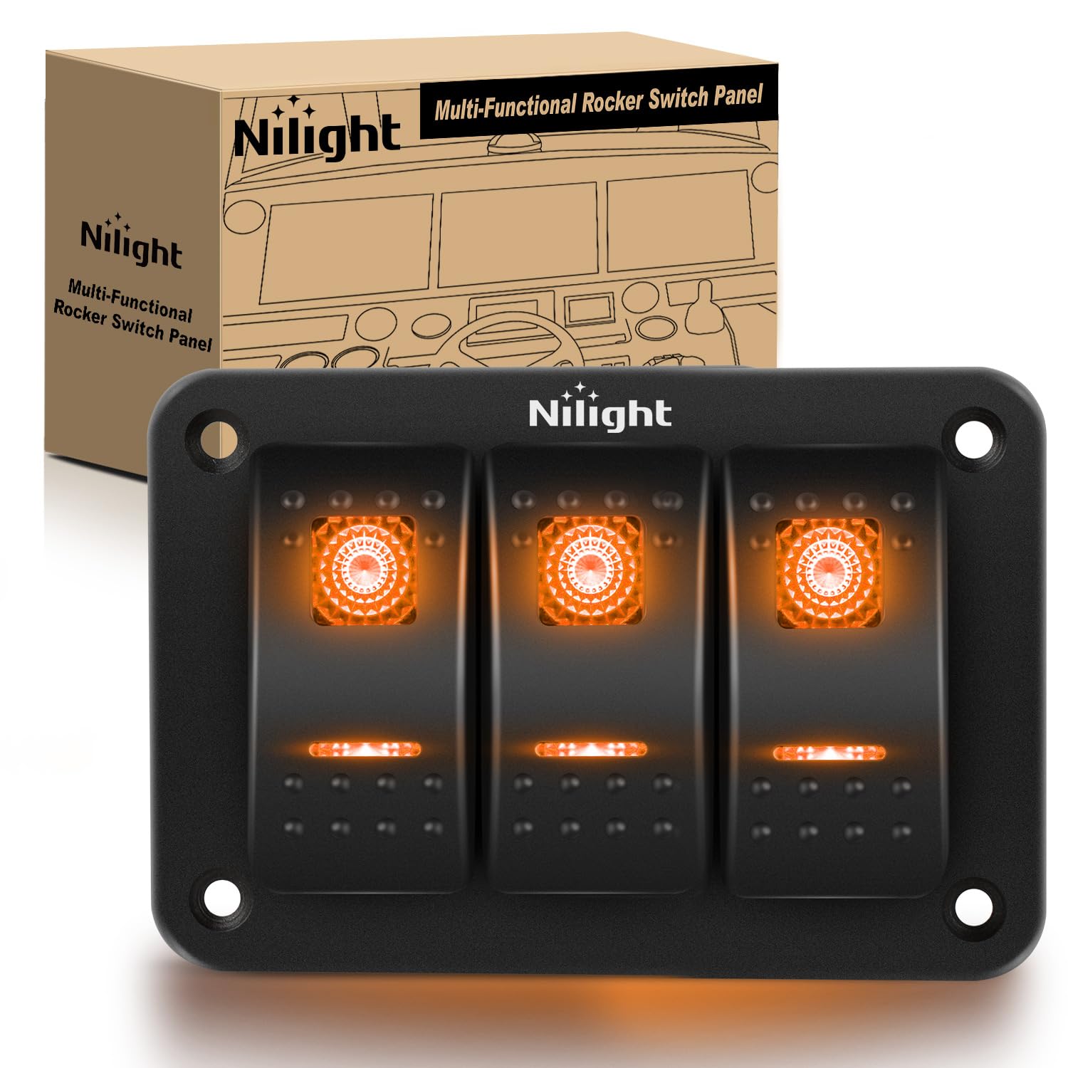 Nilight 3 Gang Rocker Switch Panel With Orange Led Light 5 Pin On Off Pre-Wired Rocker Switch Aluminum Panel Toggle Switch Panel