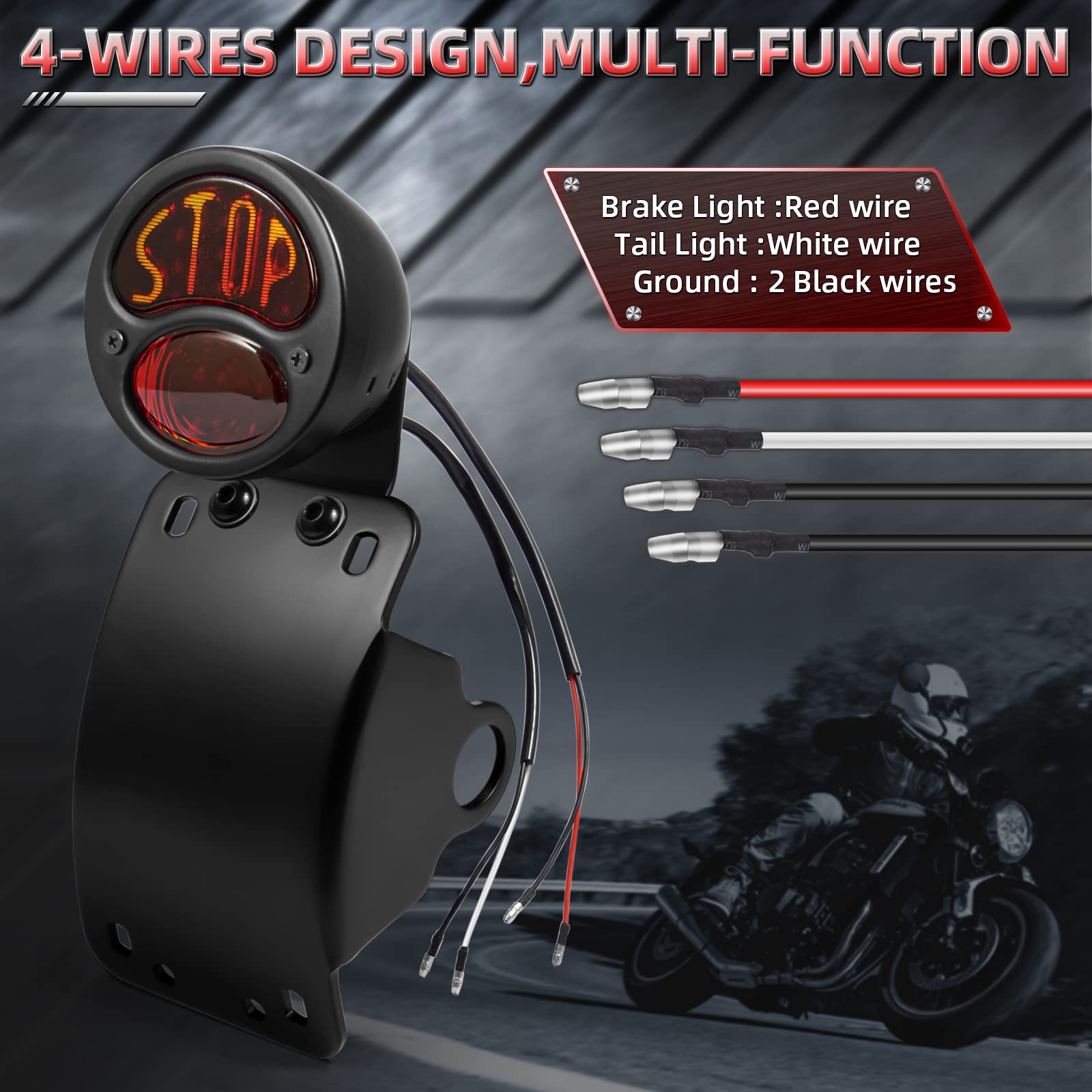 Amazicha STOP LED Tail Rear Light 3/4'' Curved Side Mount License Plate Bracket Brake Light Compatible for Harley Honda Yamaha S