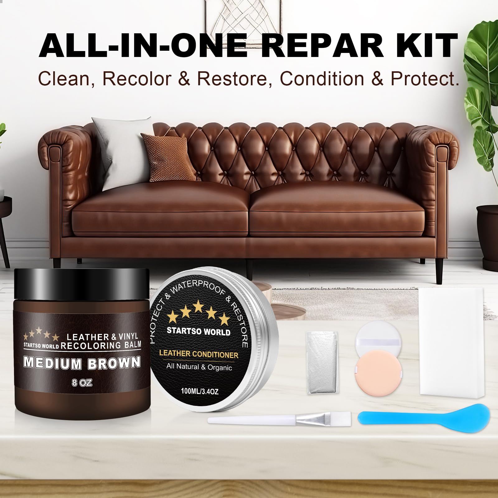 Startso World 200Ml Leather Recoloring Balm With 100Ml Leather Conditioner, Medium Brown Leather Repair Kit For Furniture, Leath