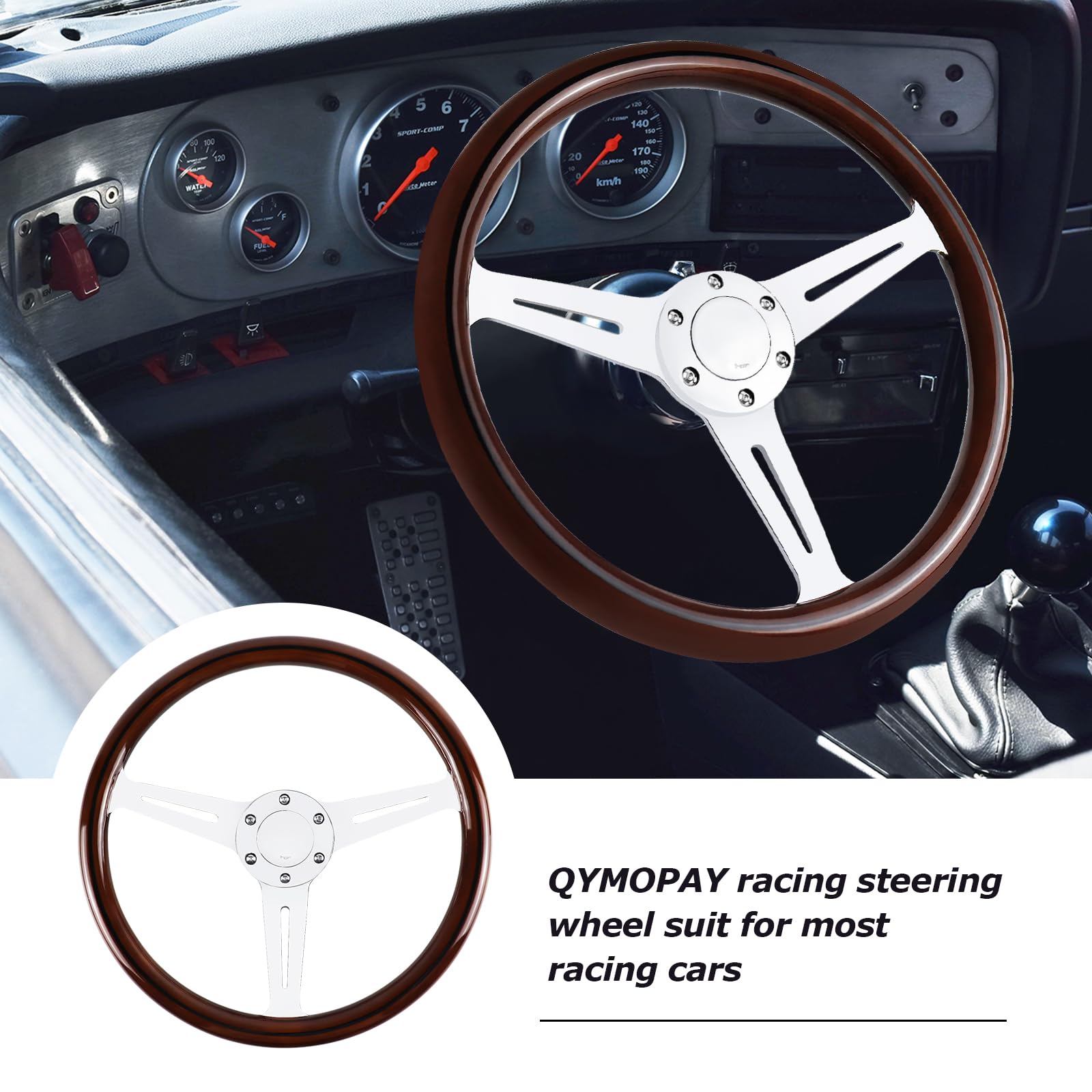 QYMOPAY 14'' Woodgrain Racing Steering Wheel Vintage Nostalgic Style 6-Bolt Steering Wheel with Horn Buttons - Plated Spokes