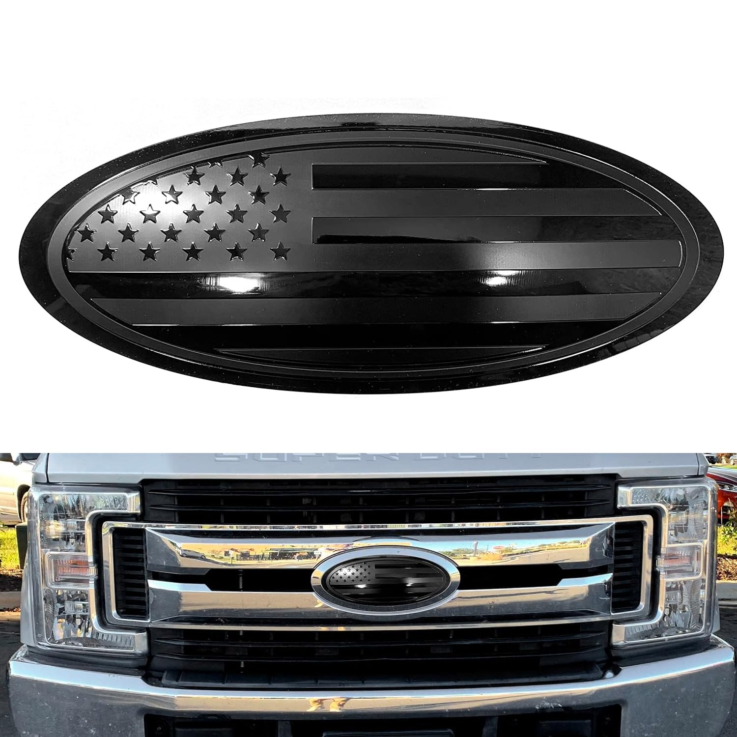 Sadkunf 12 Inch Emblem Overlay Replacement For Ford F250 F350 Super Duty Front Grille Tailgate Rear Aluminum Overlay American Black Flag Emblem Sticker (12" Black)