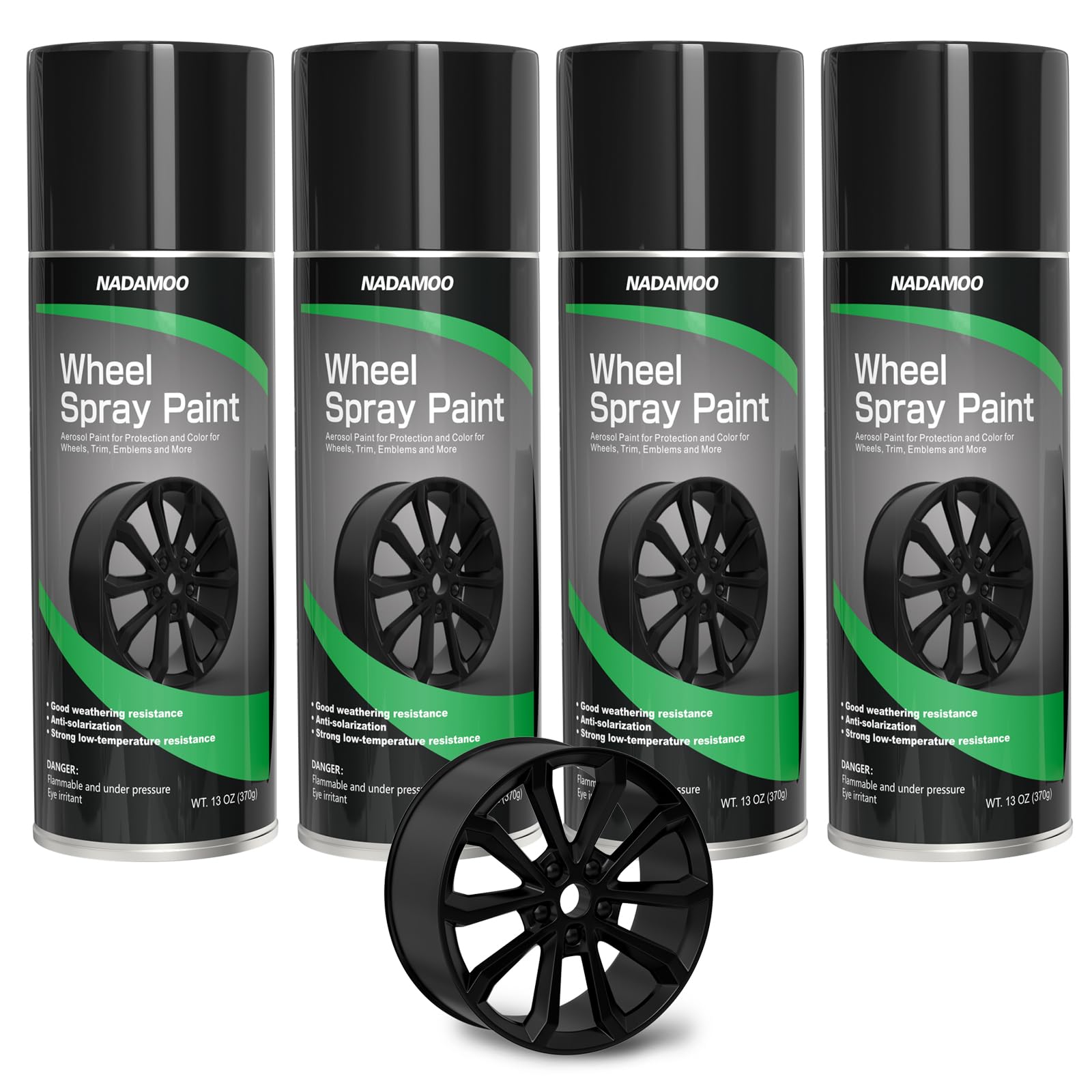 Nadamoo Aluminum Wheel Spray Paint, Car Rim Aerosol Paint For Recolor And Protection Of Metal Surface, Semi-Gloss Black, 4 Cans,