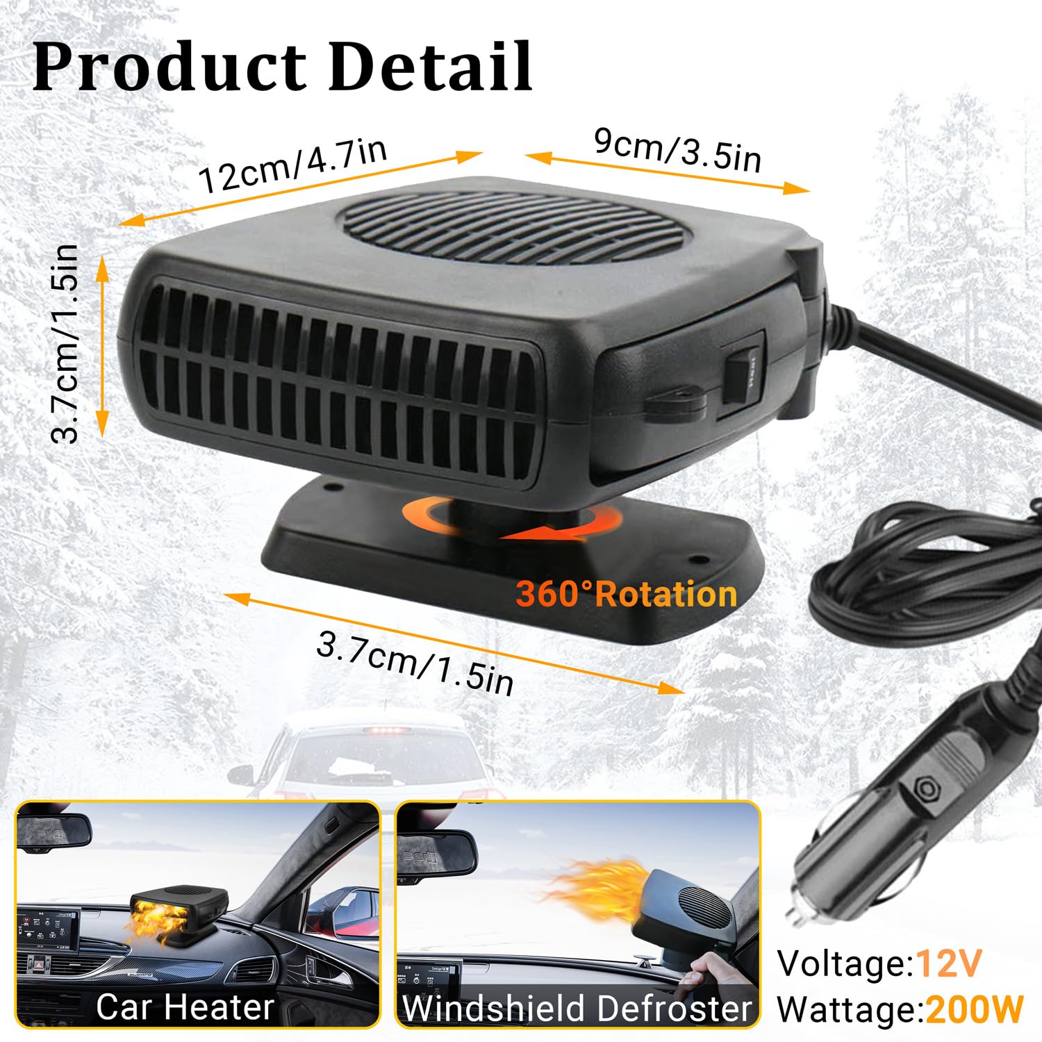 Car Heater,12V 200W Portable Windshield Defroster With Heating/Cooling Fan And Plug In Cigarette Lighter Fast Heating Defrost De