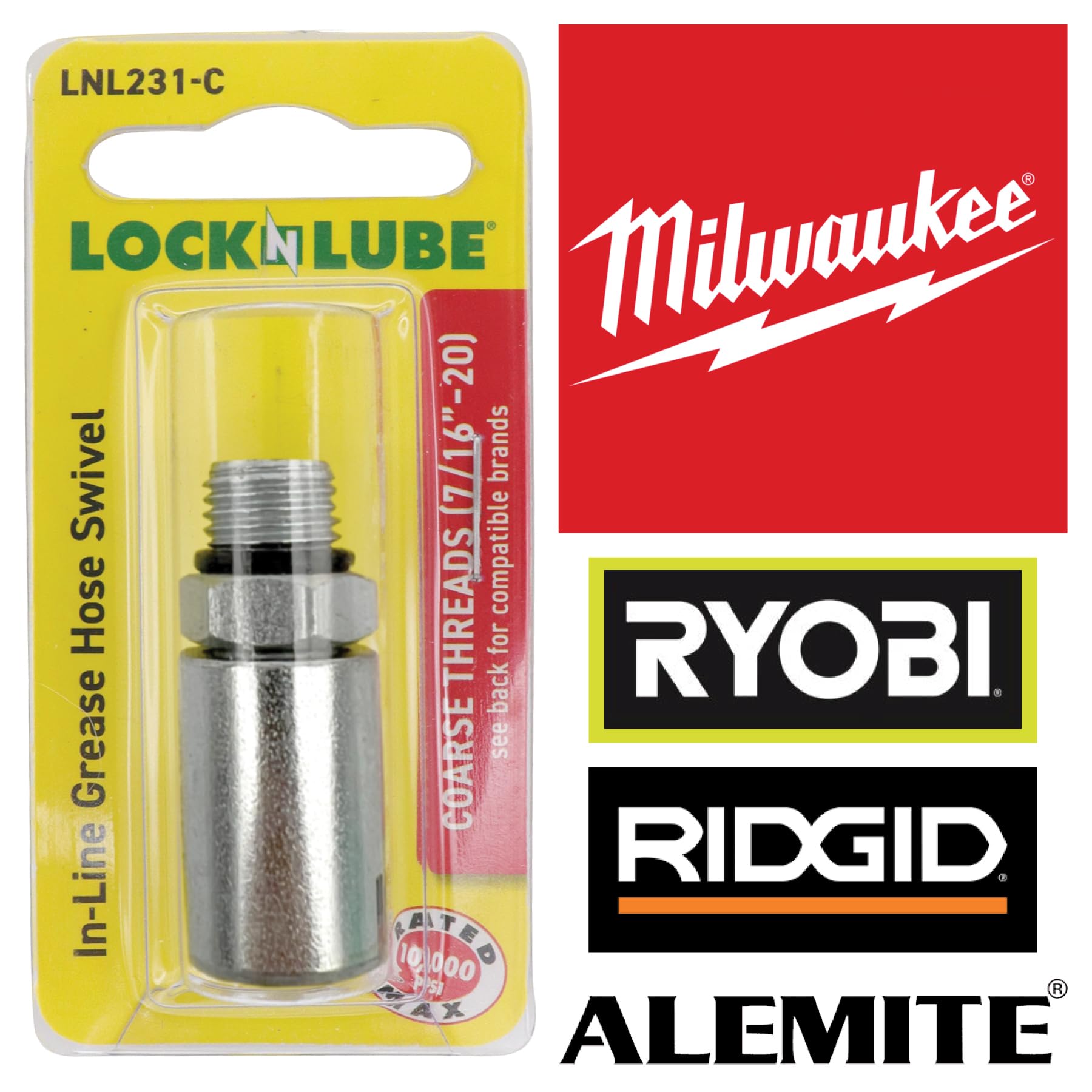 Locknlube Grease Gun Hose Swivel - Coarse Threads (7/16   -20) For Milwaukee, Ryobi, Ridgid & Alemite Battery Grease Guns