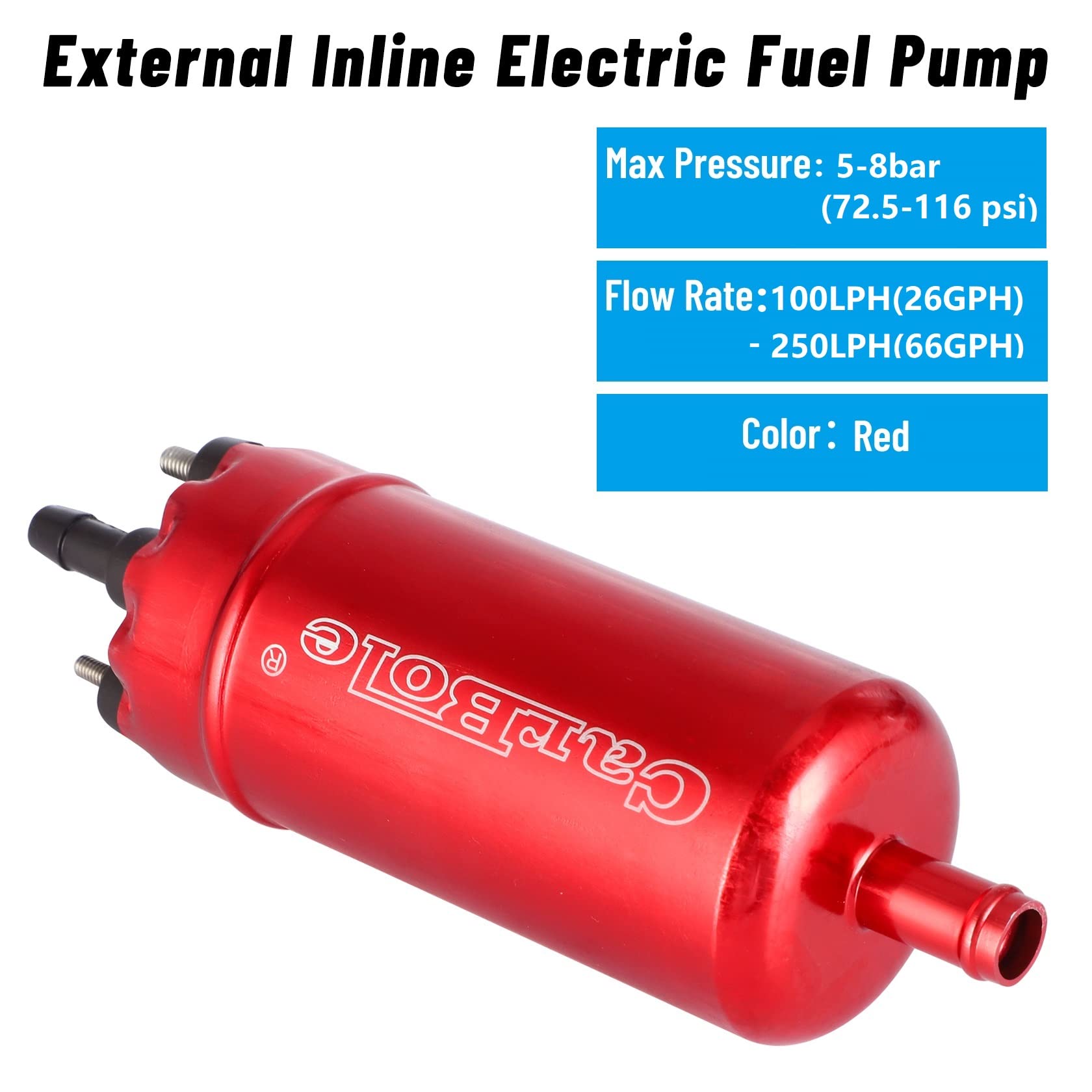 Carbole External In Line Fuel Pump: 116 Psi High Pressure Unversal 12V Electric Pump Injection Systems Replacement For 0580464070 With Mounting Bracket Clamp (Red)