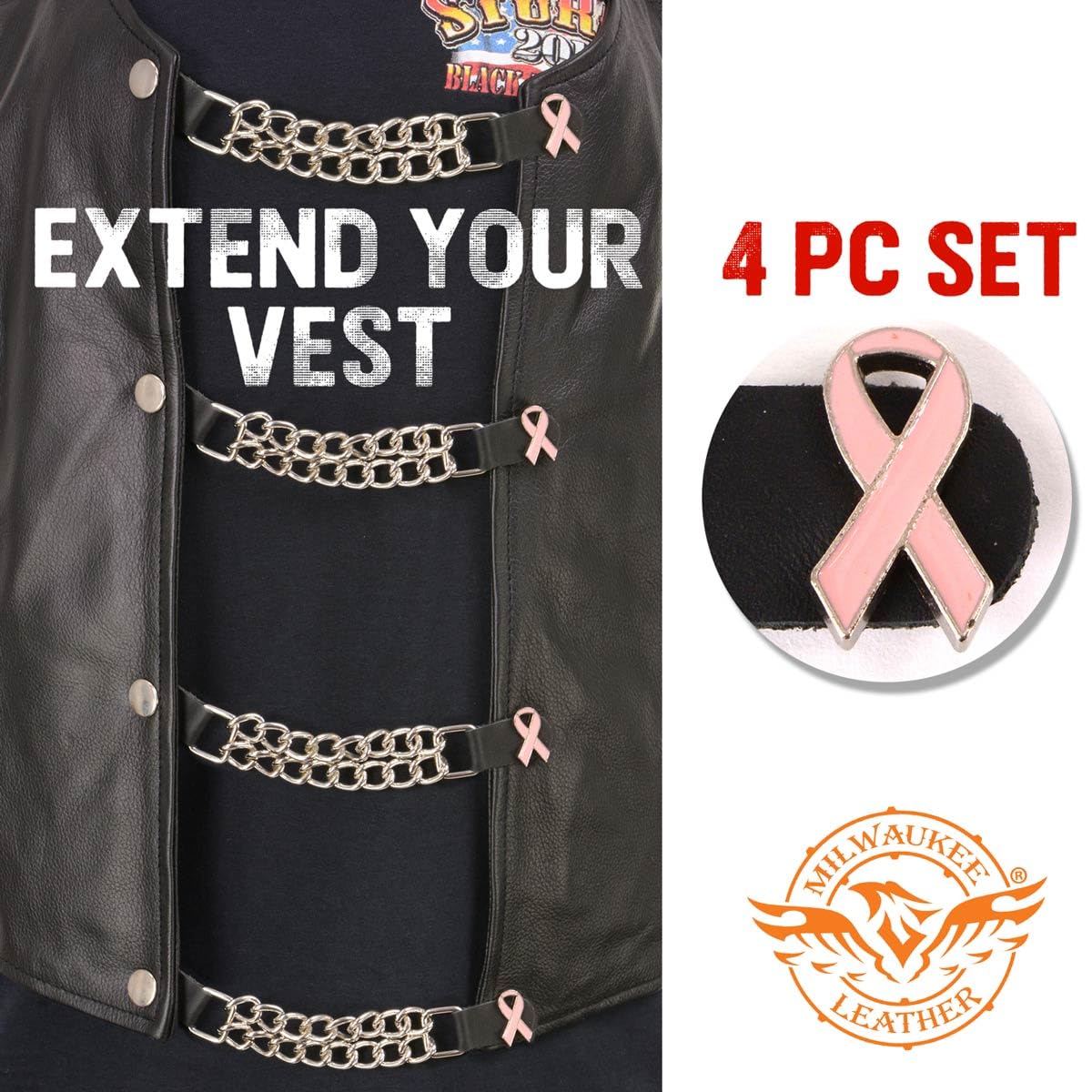 Milwaukee Leather MLA6021SET Pink Ribbon 4-PCS Vest Extender Double Chrome Chains w/Genuine Leather 4 Extension - 4 Inch