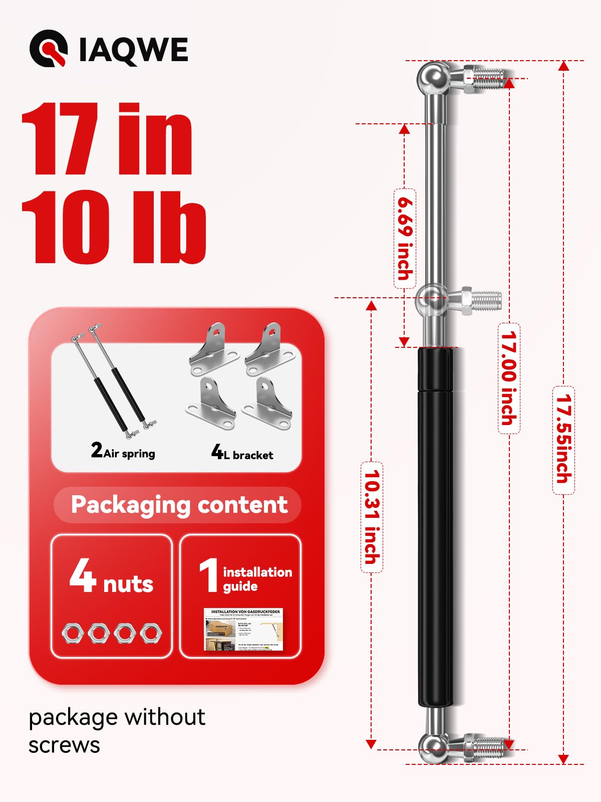 IAQWE 17Inch 10Lbs/45N Gas Spring Struts Shocks Lift Supports with L-Type Mount Brackets for Trap Door Floor Hatch Lid Truck Can