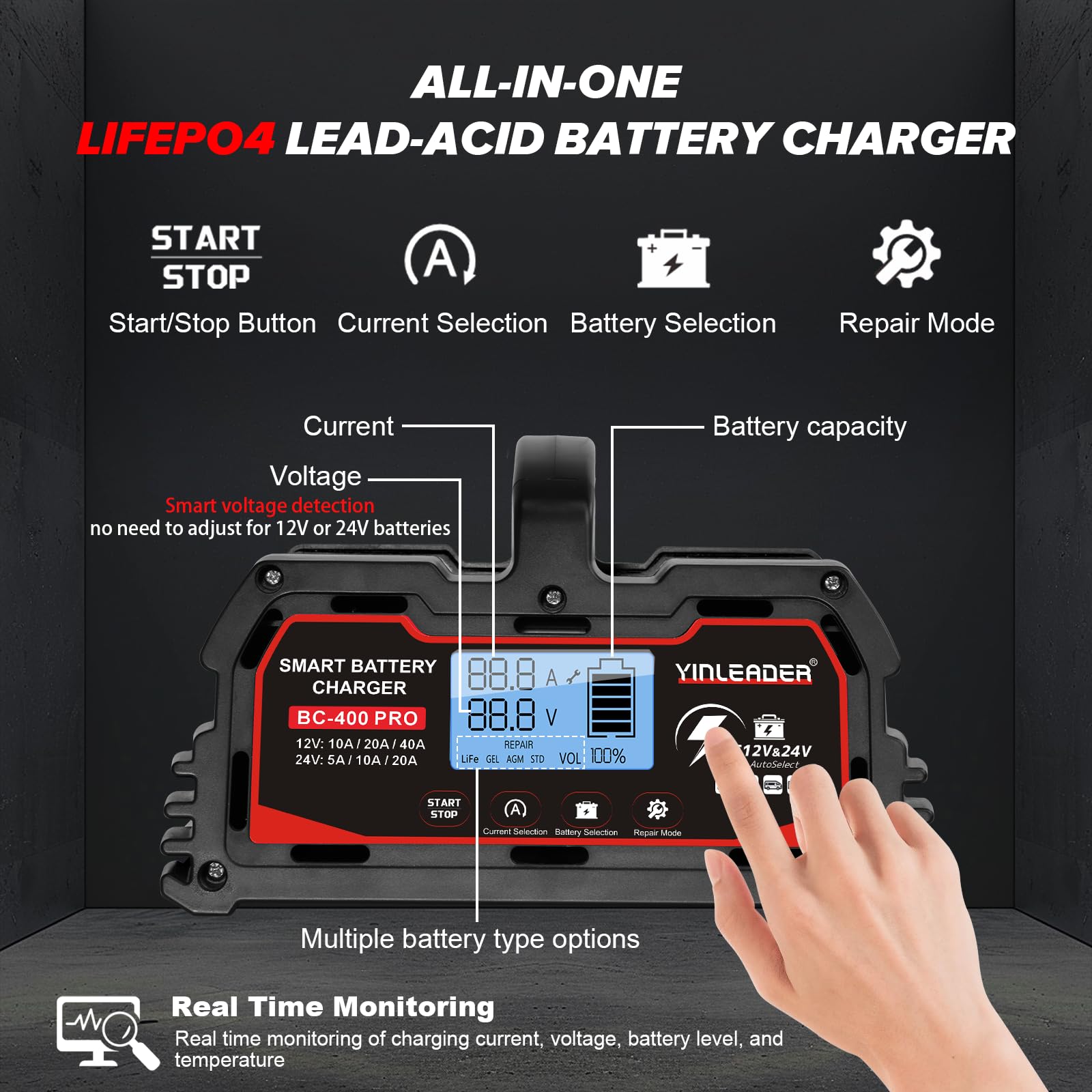 Battery Charger 40A, 12V/24V Lead Acid Smart Battery Charger, 12V LiFePO4 Car Battery Trickle Charger, Automatic Battery Maintai