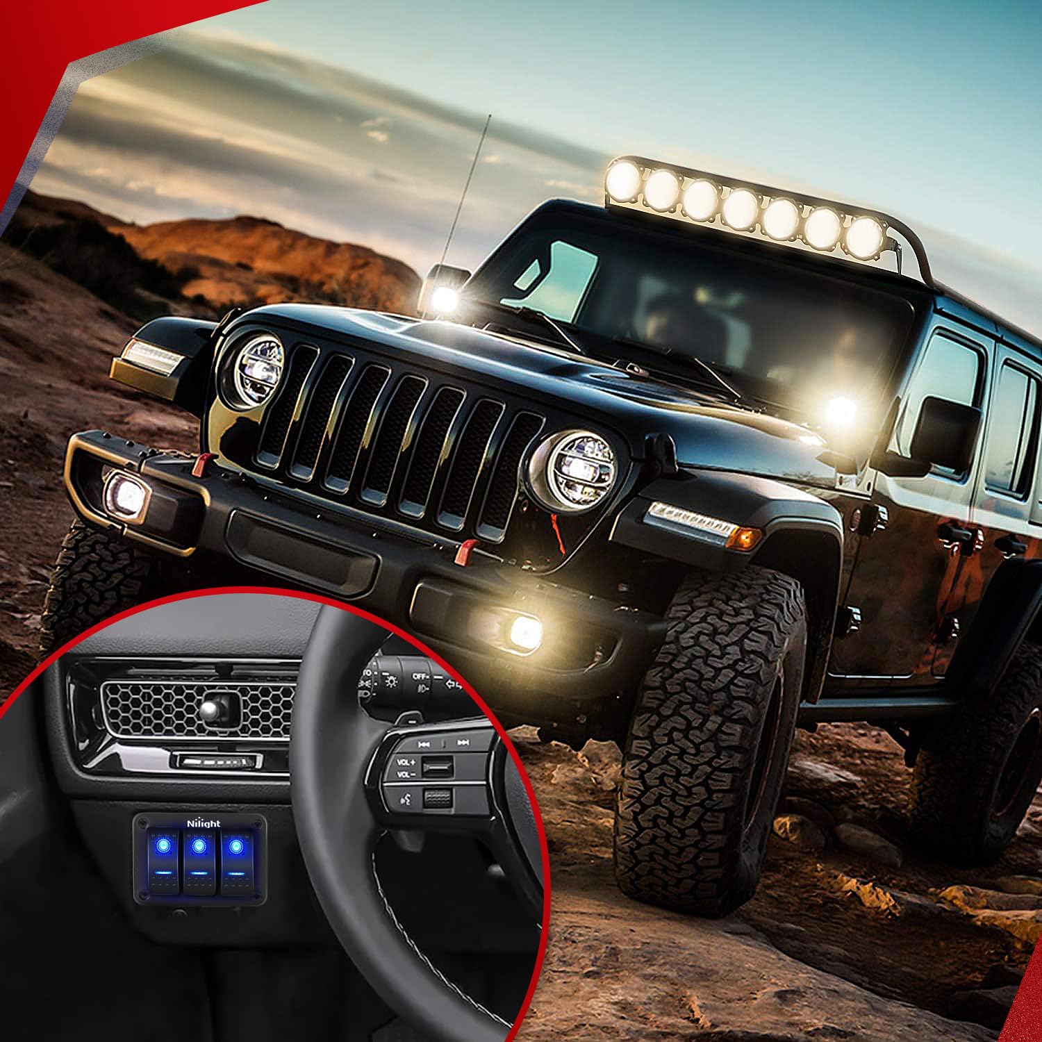 Nilight 16AWG LED Light Bar Wiring Harness Kit 12V On/Off 3 Gang LED Pod Lights Rocker Switch Panel Power Relay Fuse 5Pin Toggle