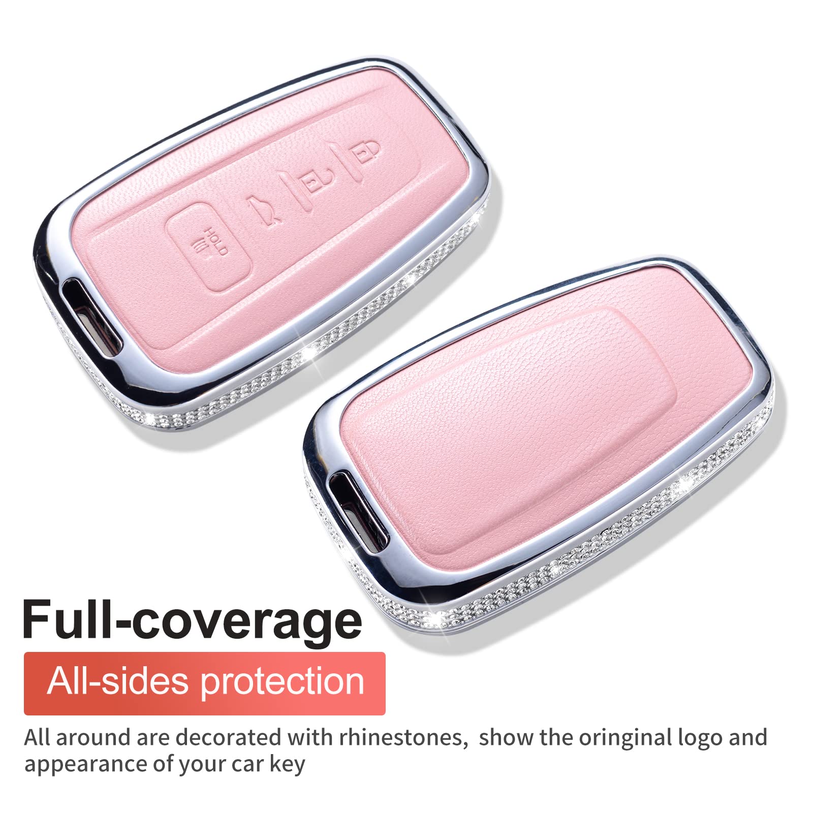Ruabiban Compatible With Toyota Key Fob Cover With Keychain, Pink Genuine Leather Crystal Key Case Protection Shell For 2018-202