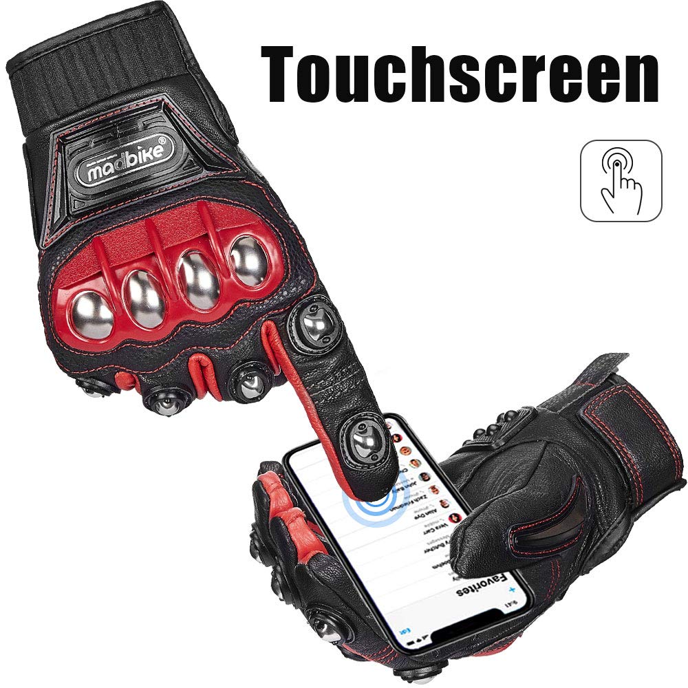 Ilm Alloy Steel Leather Hard Knuckle Touchscreen Motorcycle Bicycle Motorbike Powersports Racing Gloves (M, (Leather) Red) Model 10Cl