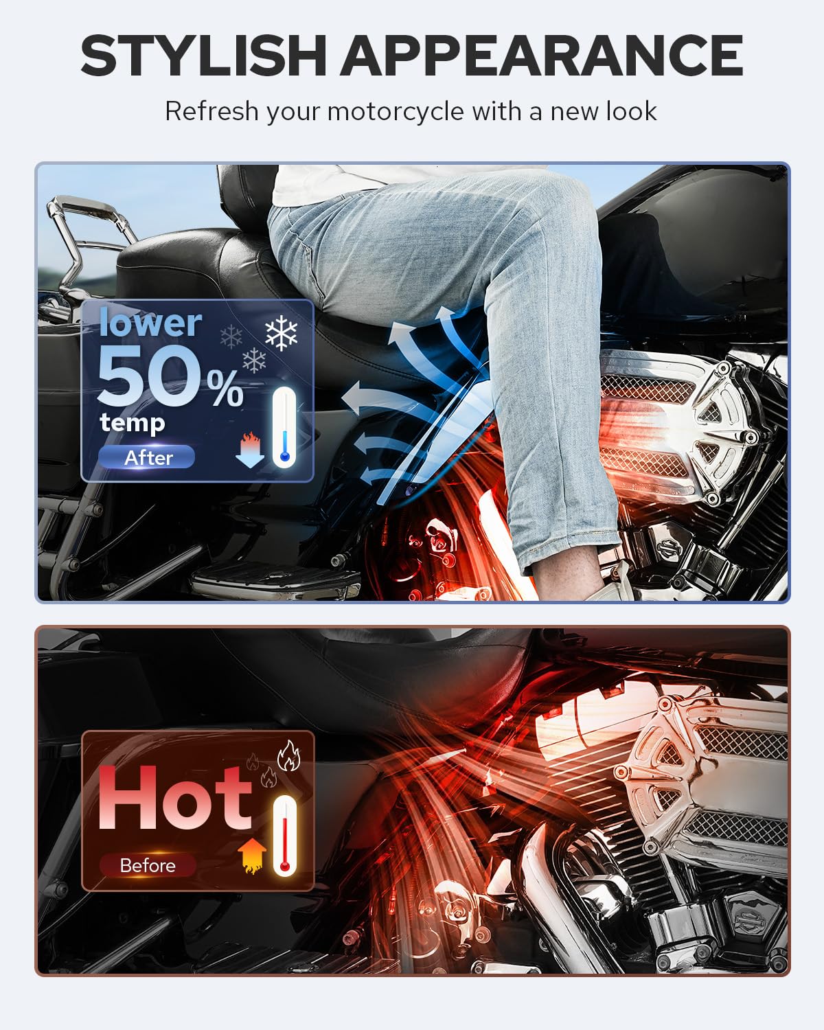 Benlari Chrome Mid Frame Air Deflectors for Harley Davidson Touring Models 2009-2024, ABS Plastic, Model 73T5RT