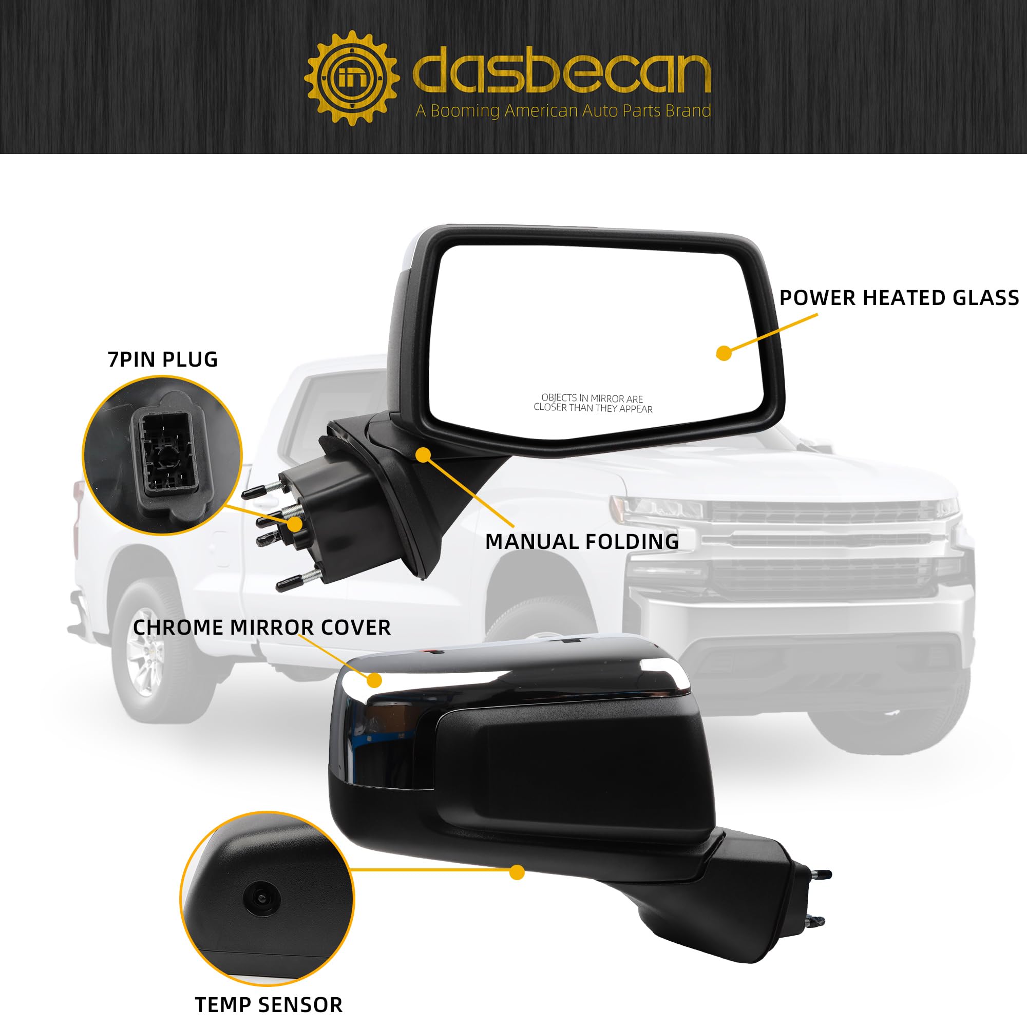 Dasbecan Passenger Side Mirror Compatible with 2019-2024 Chevy Silverado 1500 Right Mirror with Power Heated/Temp Sensor/Manual