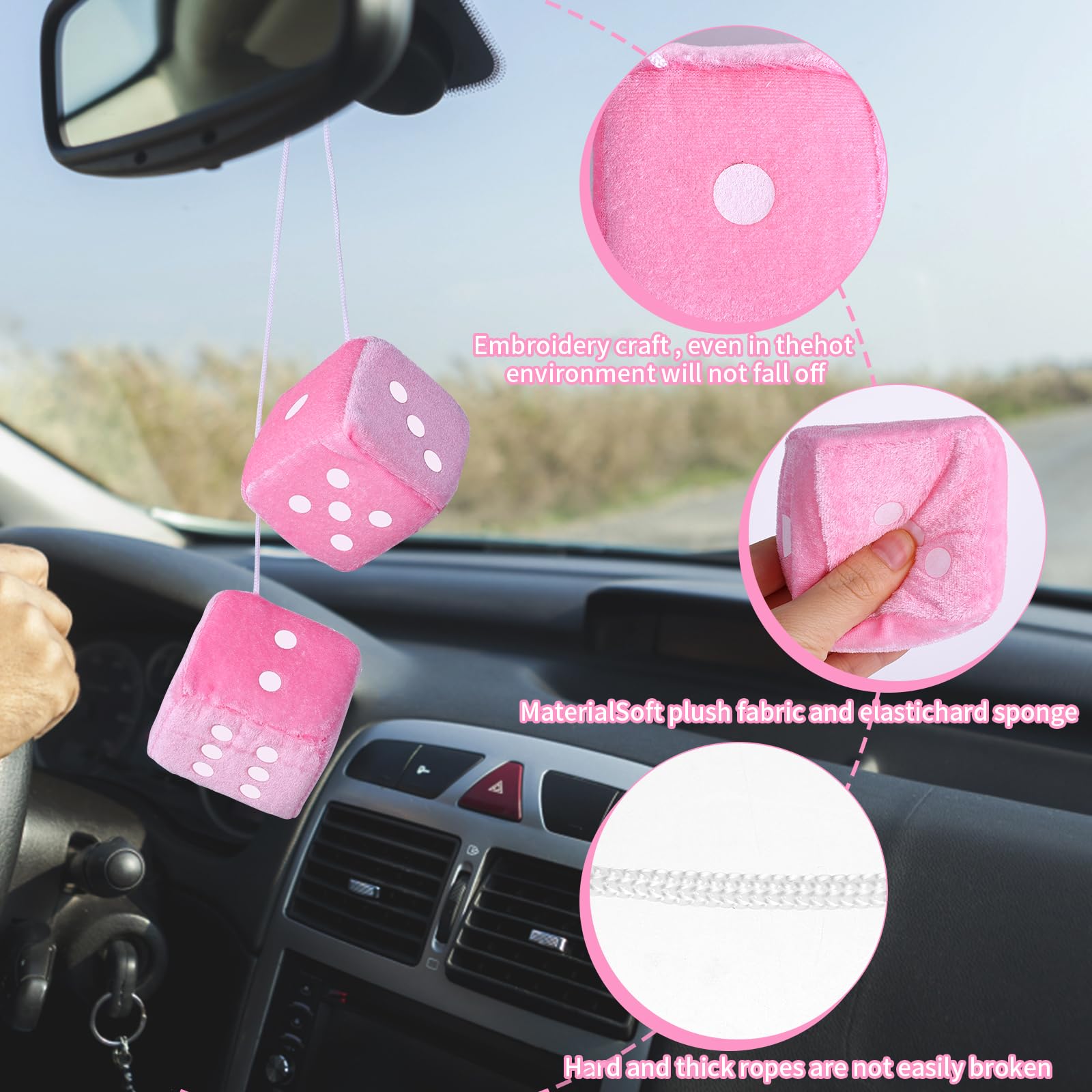 Fuzzy Dice For Rear View Mirror, Pink Fuzzy Dice For Car Mirror, 2.75Inch Pair Of Plush Retro Square Hanging Dice With White Dot