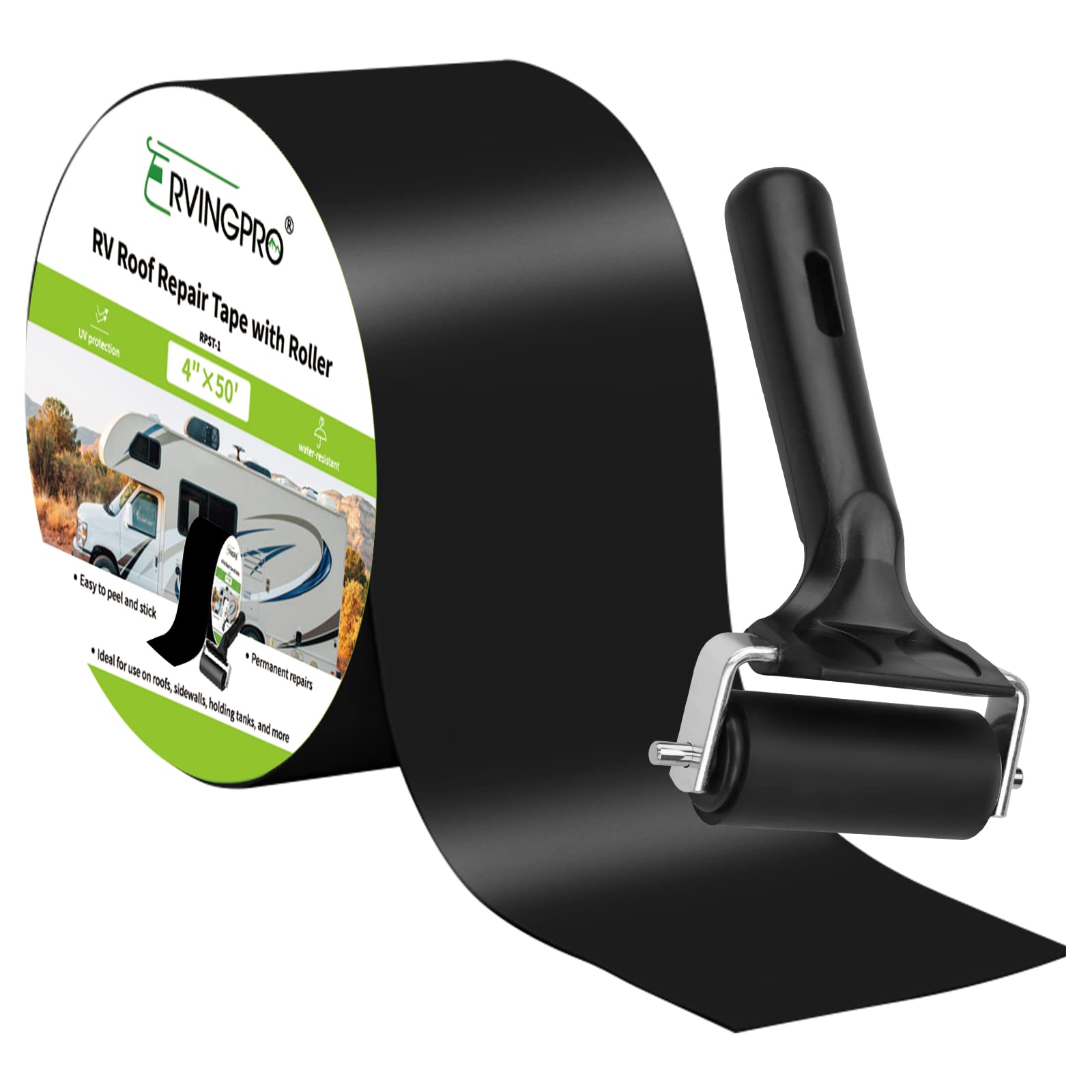 Rvingpro Rv Roof Tape Black With Roller, 4 Inch X 50 Feet Rv Tape For Roof Repair, Waterproof & Uv-Resistant Rv Roof Sealant Tape For Camper, Trailer, Boat Sealing