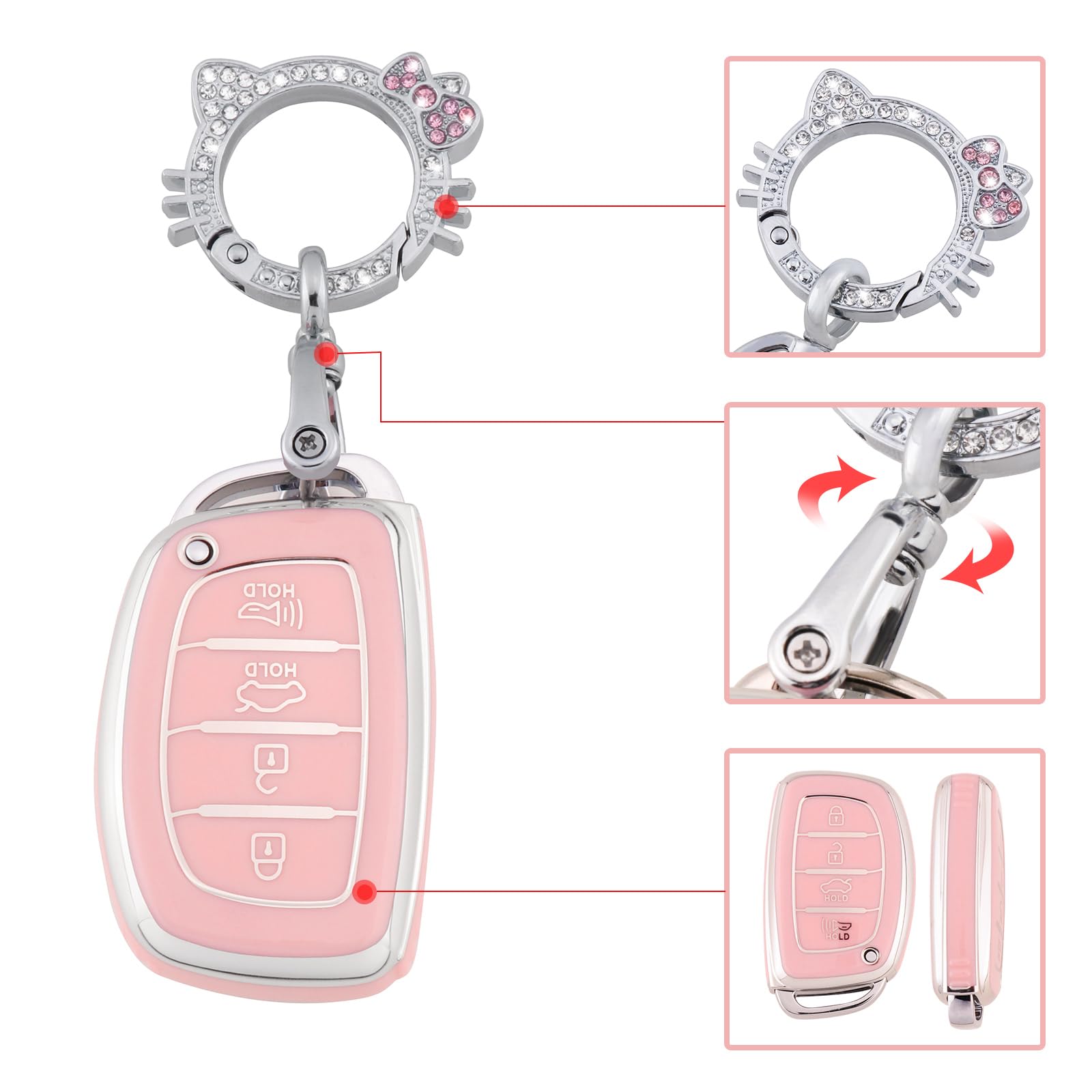 Pangpai Pink Key Fob Cover for Hyundai, Soft TPU Key Case Protection with Bling Keychain Fit for lantra Ioniq Sonata Tucson Elan
