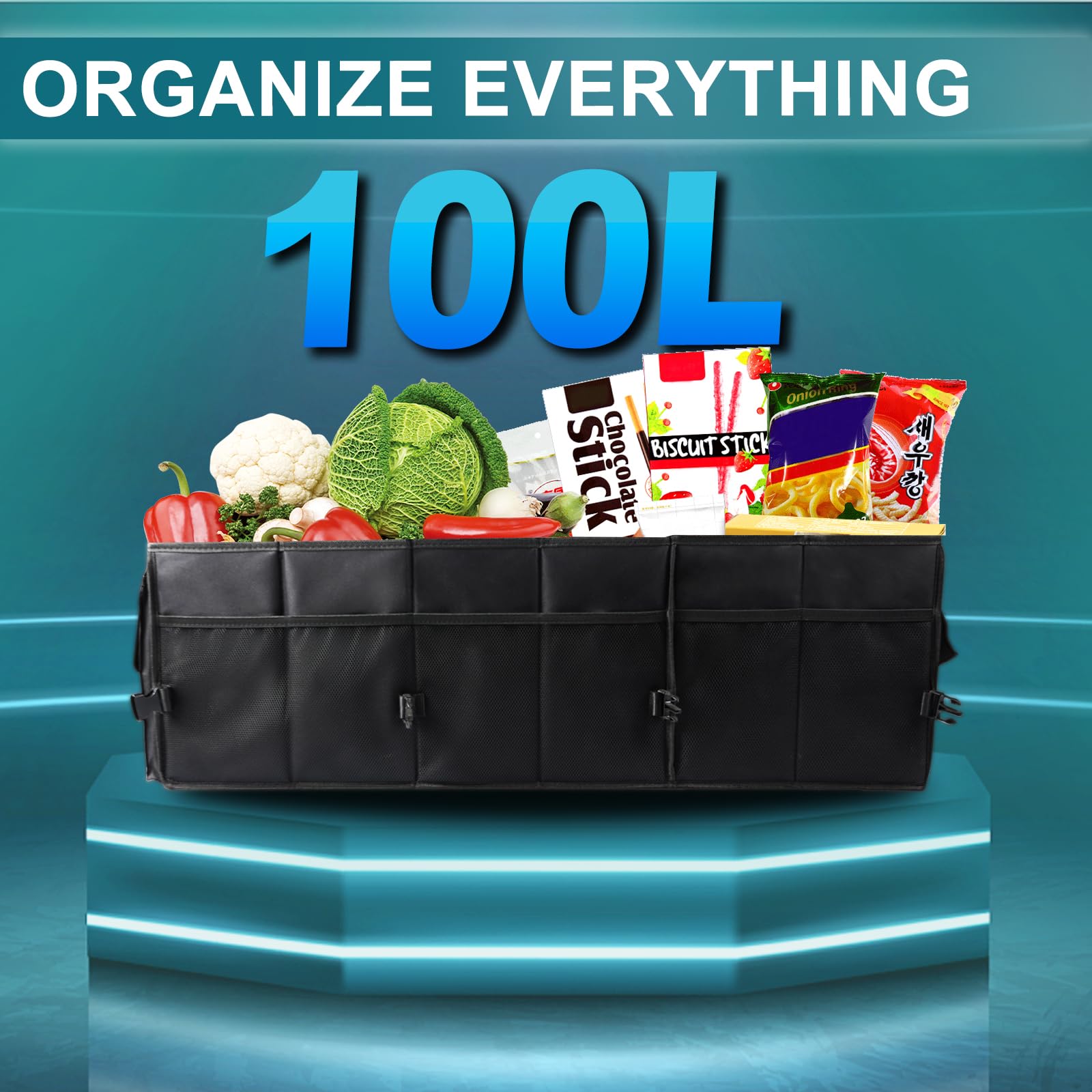 Sposuit Extra Large Trunk Organizer Collapsible Car Storage Trunk Organizer With Removable Dividers & Adjustable Securing Straps