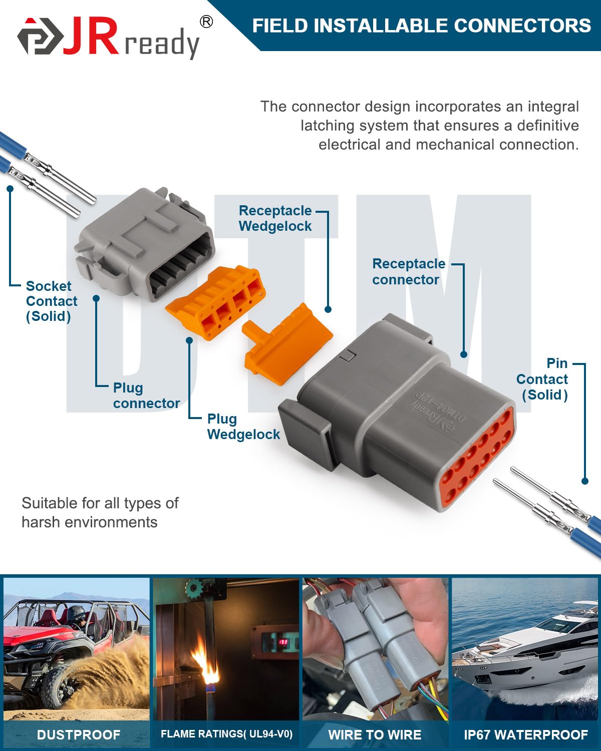 JRready Deutsch DTM Connector 12 Pin 4 Kits, ST6330-12 DTM Connector Kit with Size 20 Solid Contacts 20-22AWG, Waterproof Automo