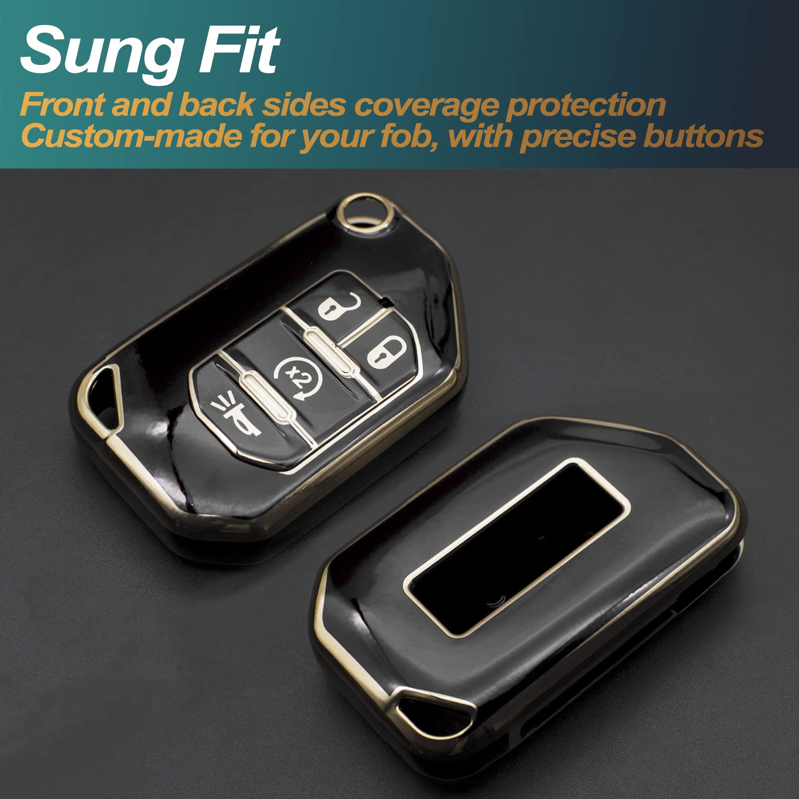 FEYOUN Key Fob Cover for Jeep Gladiator Wrangler - Black TPU Remote Keyless Case with 4 Buttons Protection Accessories