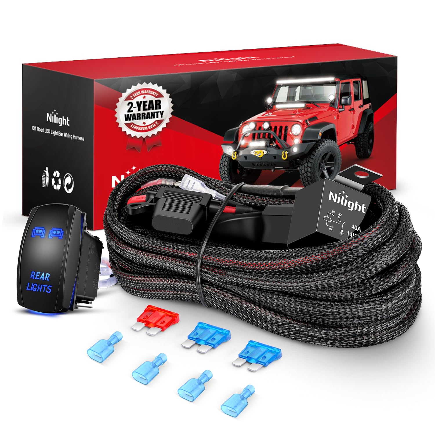 Nilight Wiring Harness Kit Nylon 16 Awg 2 Leads Rear Lights 12V 5Pin Rocker Switch Laser On Off Power Relay Blade Fuse For Led O