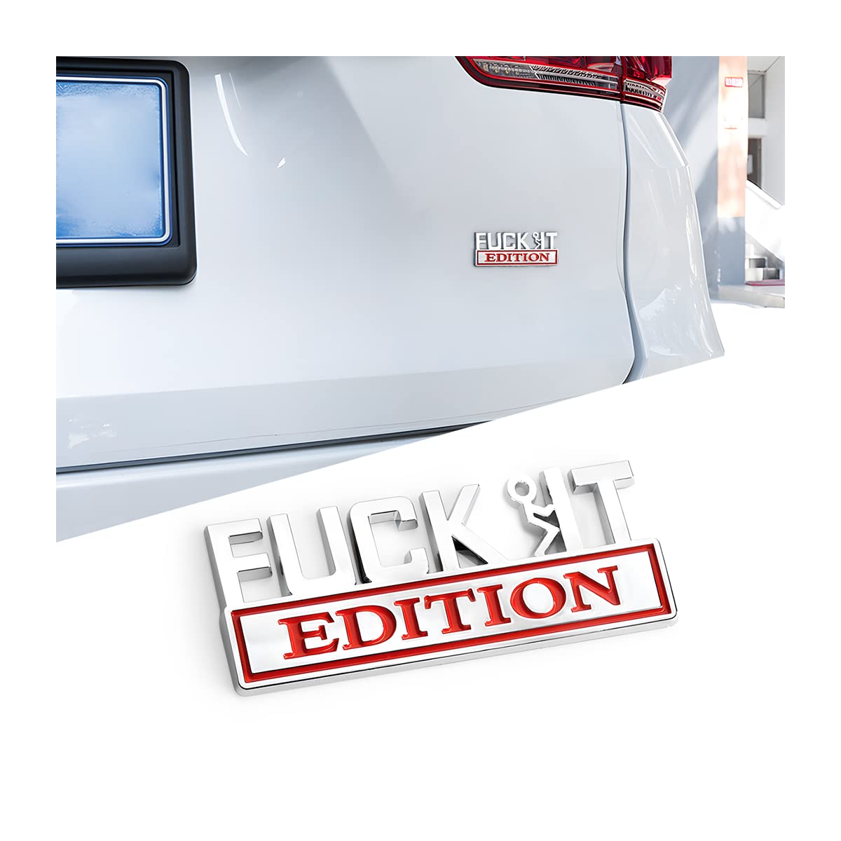 Car Fuck It Edition Emblem, 3D Zinc Alloy Badge Sticker Decal, Car Side Rear Front Hood Trunk Door Fender Bumper Metal Sticker, Vehicle Exterior Replacement Accessories For Cars Suv (Silver/Red)