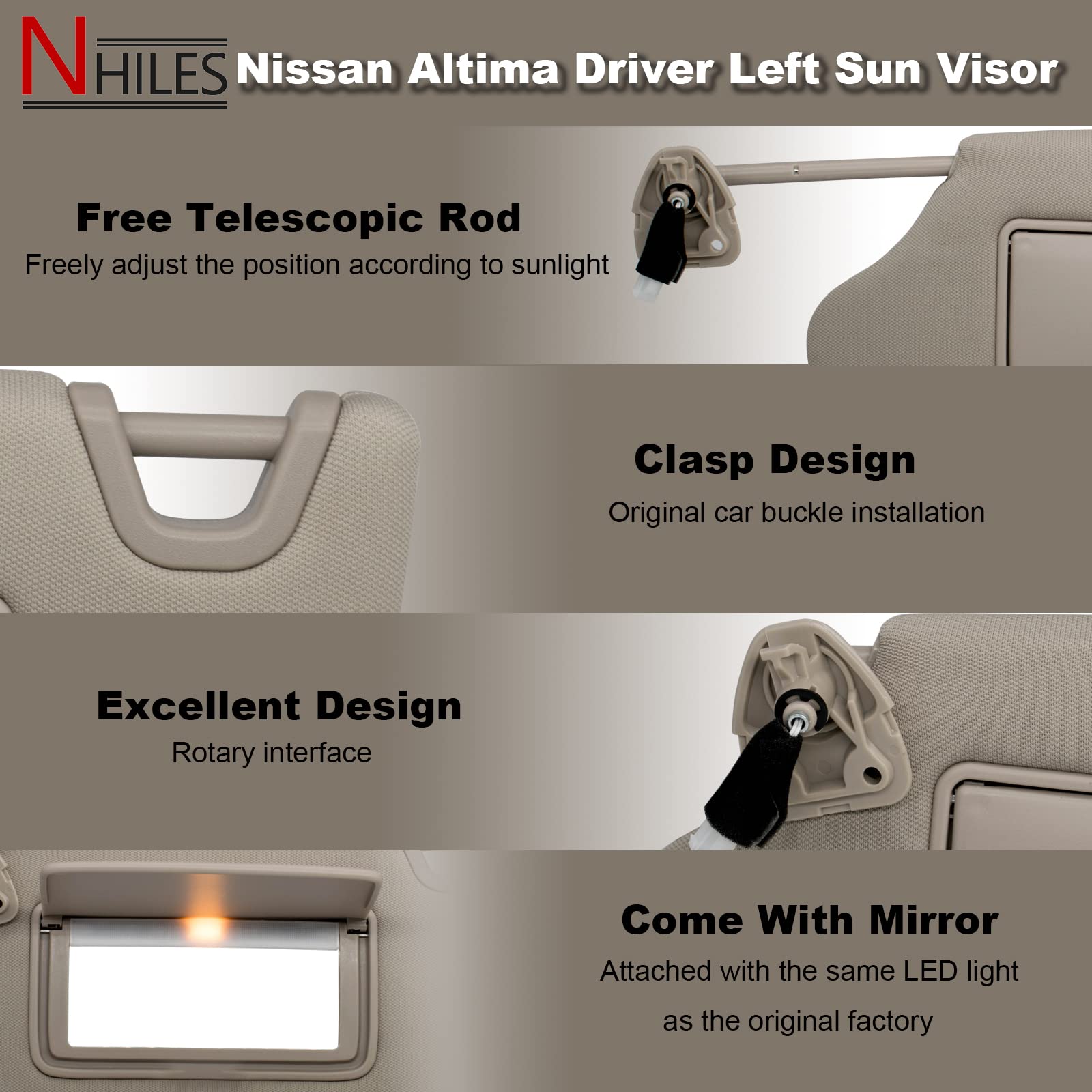 Nhiles Left Driver Side Sun Visor Compatible With Nissan Altima 2013 2014 2015 2016 2017 2018 With Light, Without Sunroof 96401-